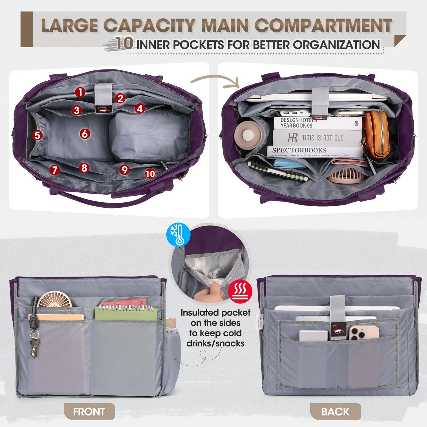 RAINSMORE Teacher Tote Bag with Insulated Lunch Compartment 15.6 inch Laptop Bag for Women Large Work Bags Nurse Bags Professional Briefcase Computer Handbag for Office, College, Nursing, Dark Purple
