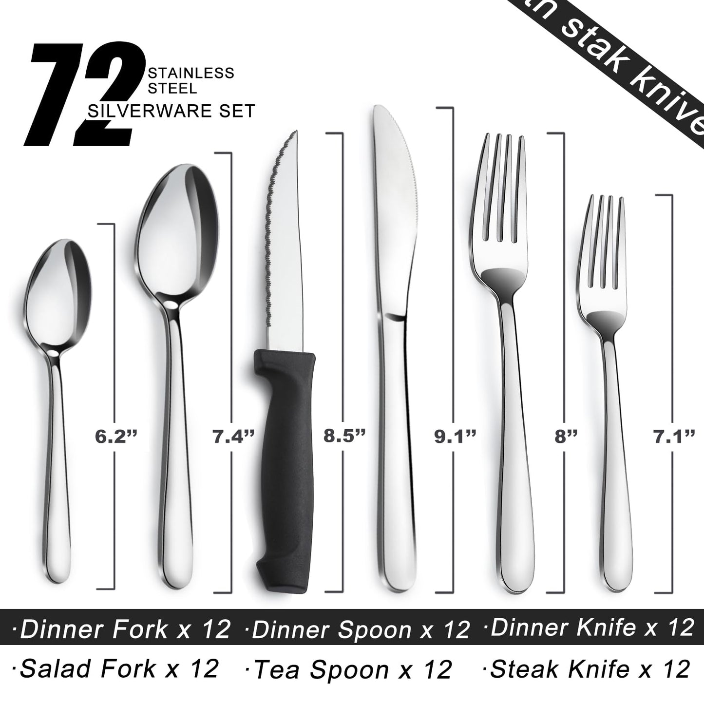 Pleafind 72-Pcs Cutlery Set, Silverware Sets with Steak Knives, Stainless Steel Flatware Set, Cutlery Include Knife Fork and Spoon, Dishwasher Safe Utensil Sets for Home Restaurant
