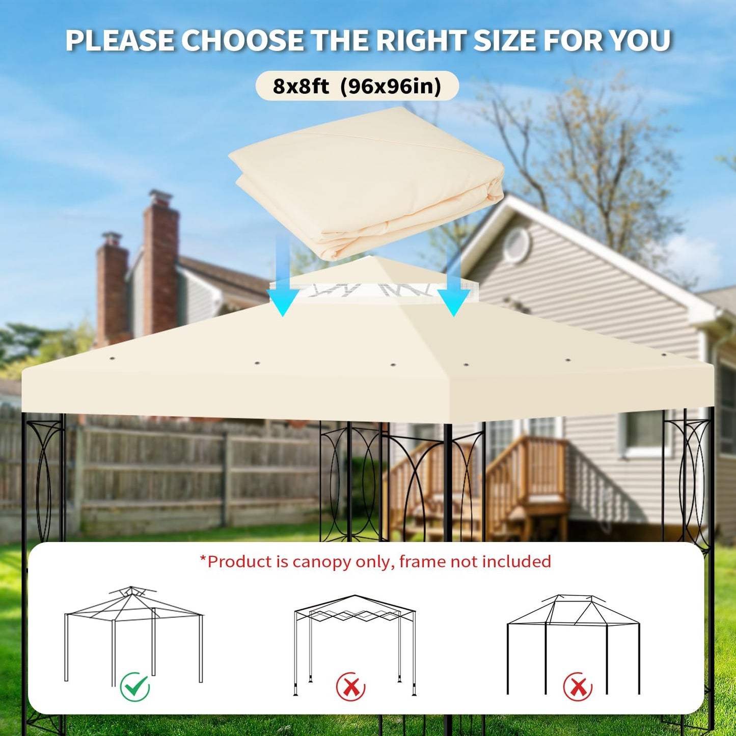 8'x8' Gazebo Top Canopy Replacement Cover - Double Tier Top Canopy Cover Replacement with UV30+, Dirt, Water Resistant for Outdoor, Garden, Pavilion (Beige)