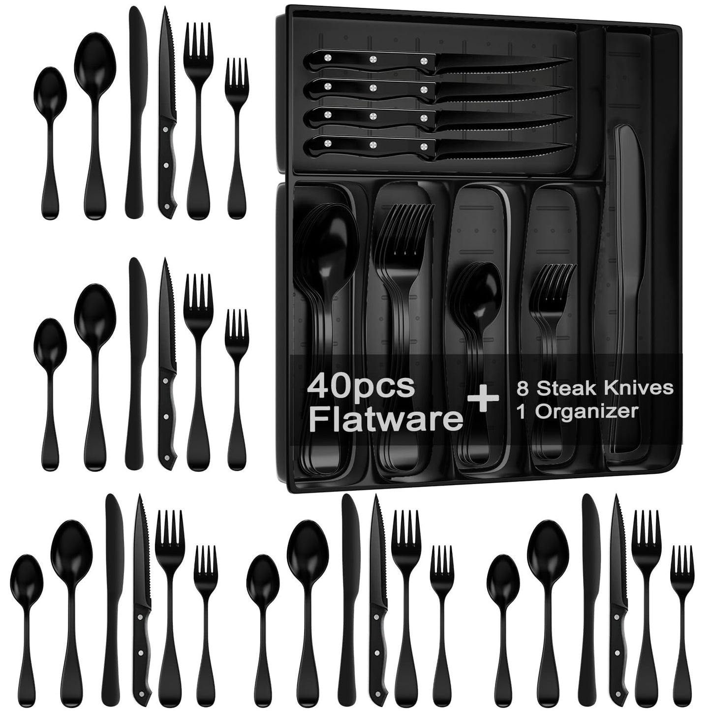 49-Piece Black Silverware Set with Drawer Organizer, Stainless Steel Cutlery for 8 with Matte Steak Knives, Forks, Spoons