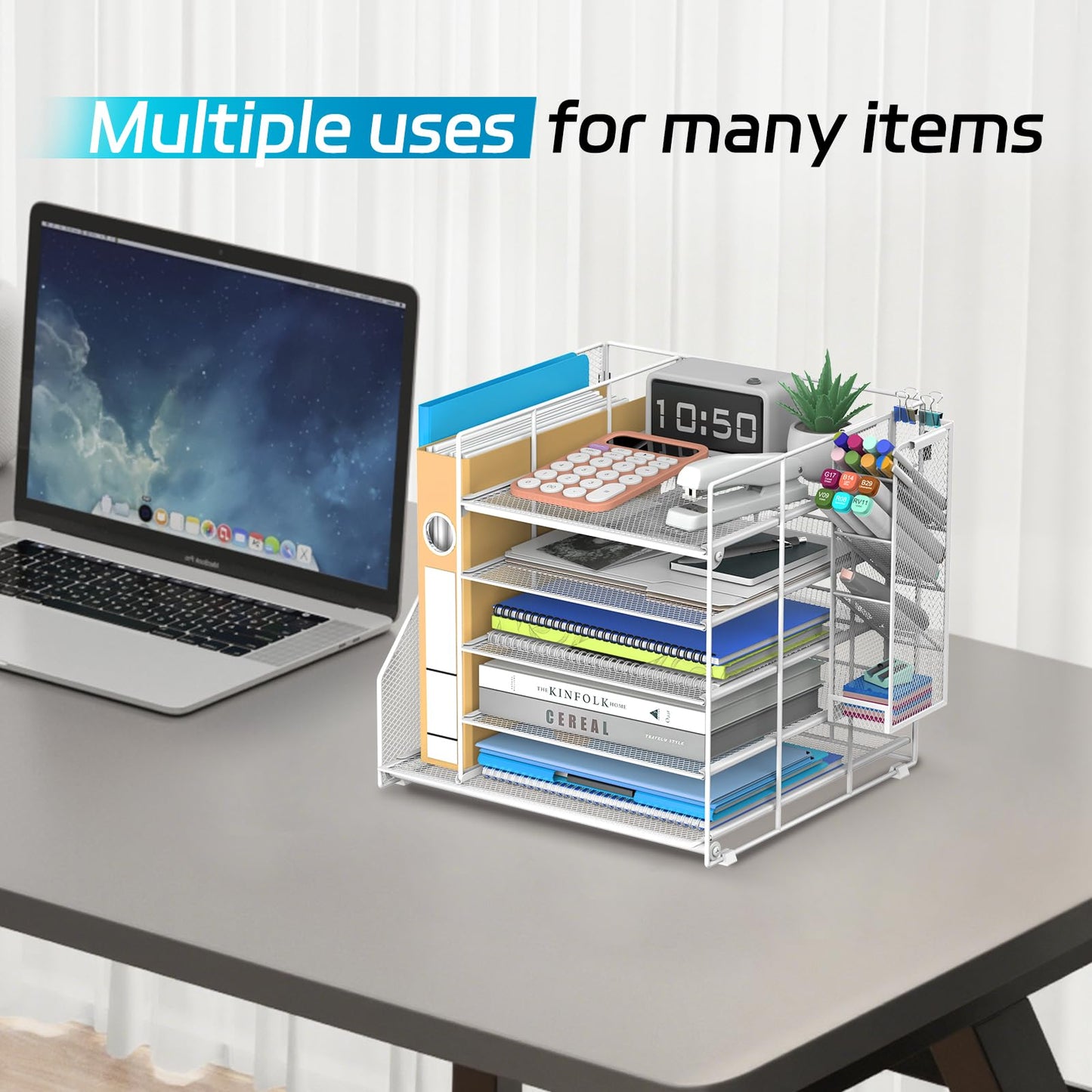 SUPEASY Desk Organizer with File Holder, 5-Tier Paper Letter Tray with Pen Holder, Desktop Organization and Storage for Office Supplies, Metal Mesh, White
