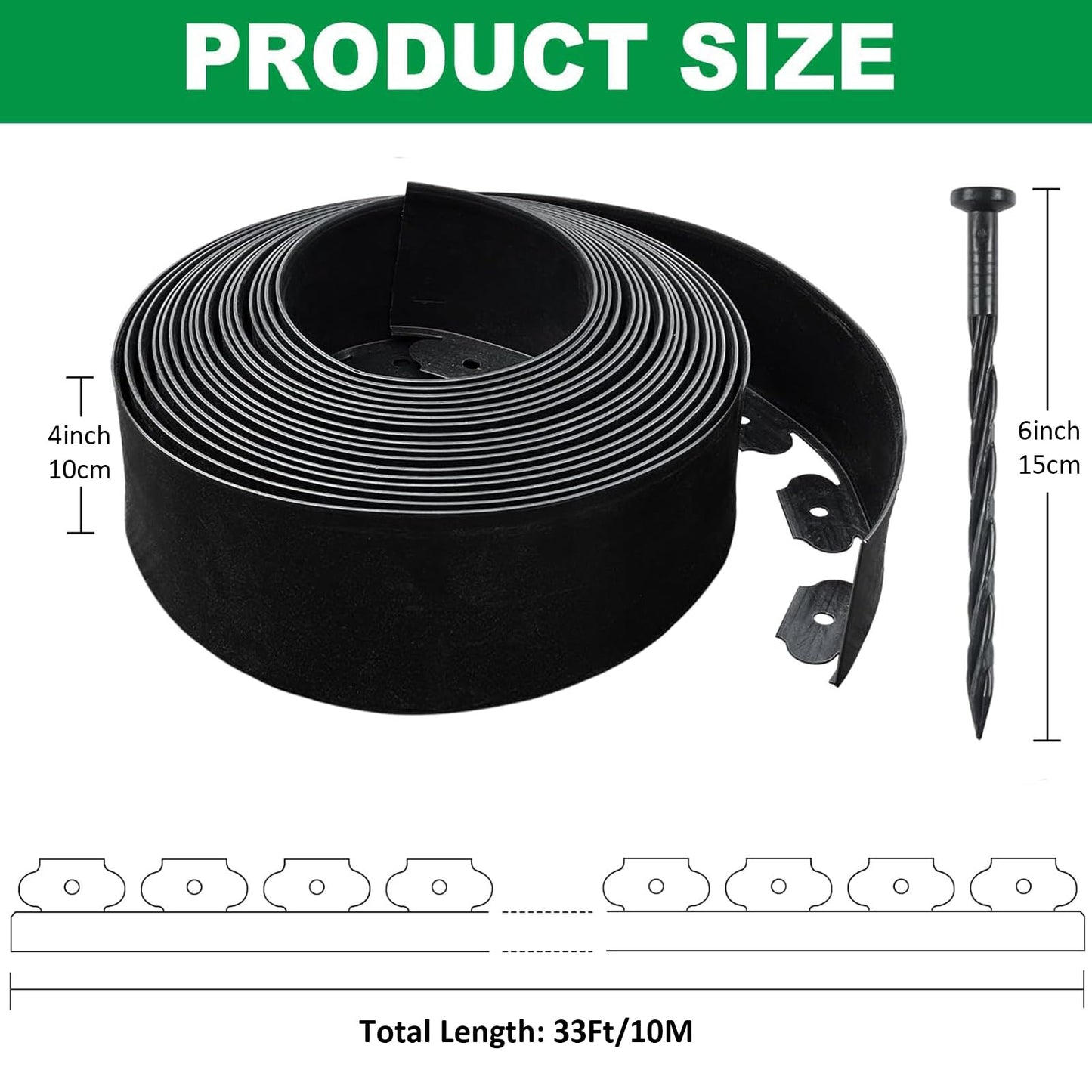 Extra Tall 4inX33ft Landscape Edging No-Dig Garden Edging Border with 30 Spikes, Flexible Lawn Edgings Roll, UV-Resistant Mini Fence Borders Pathway Edgings for Flower Beds Yard Paver