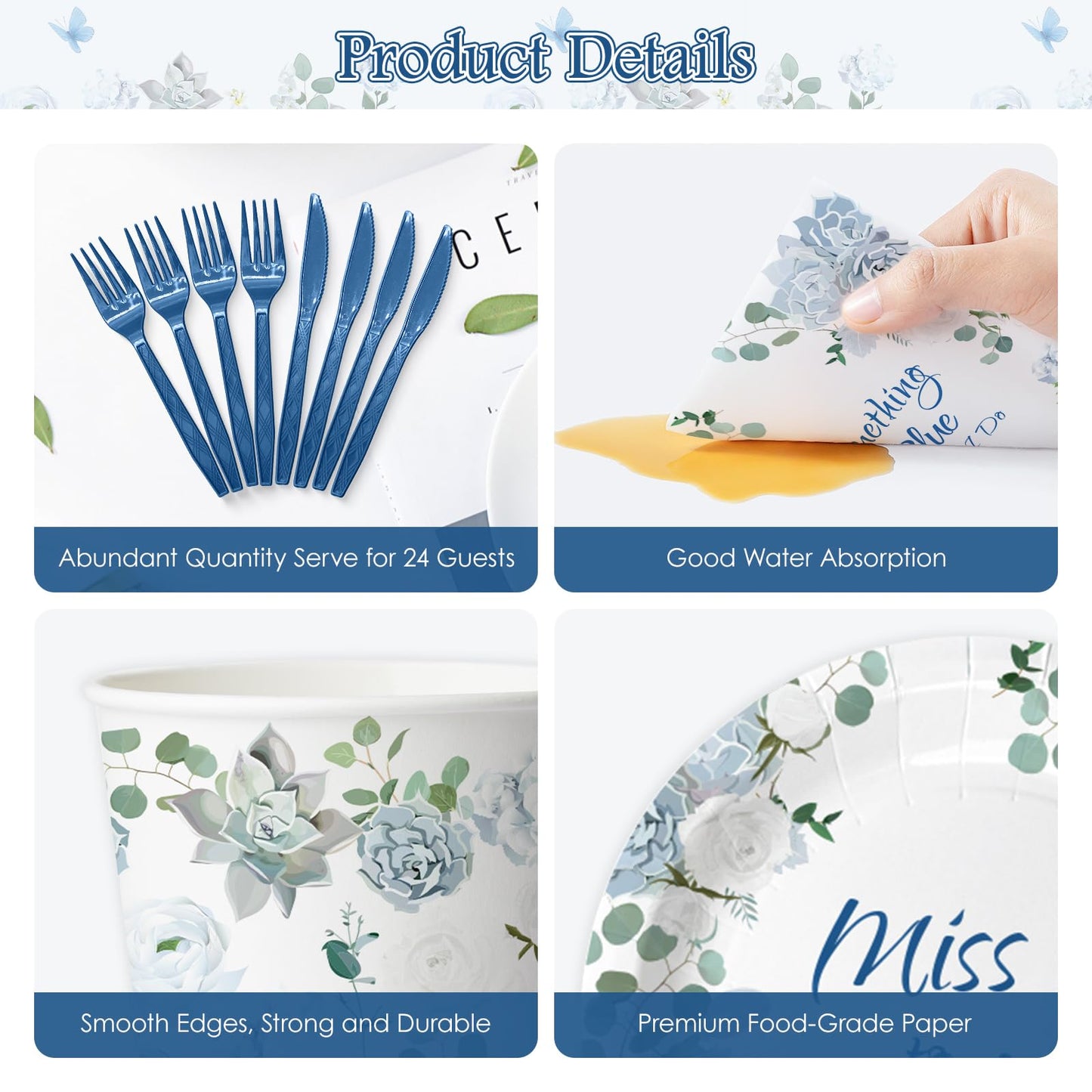 145 Pcs Something Blue Before I Do Bridal Shower Decorations Dusty Blue Floral Disposable Paper Plates and Napkins Tableware Set for 24 Guests, Miss to Mrs Decorations for Wedding Engagement Party