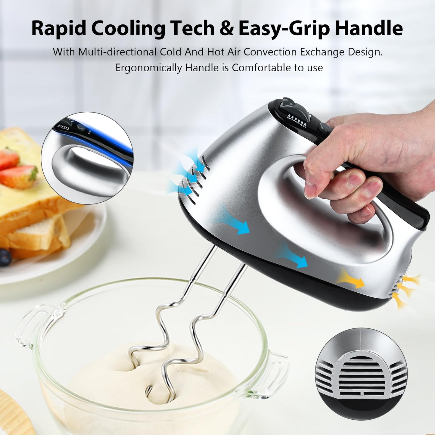 Hand Mixer Electric, Lychee 5 Speed 600W Ultra Power Handheld Mixer with Touch Button, Turbo, Storage Case, 6 Stainless Steel Accessories, Kitchen Aid Mixer for Cake Cookie Egg Cream Dough (Silver)