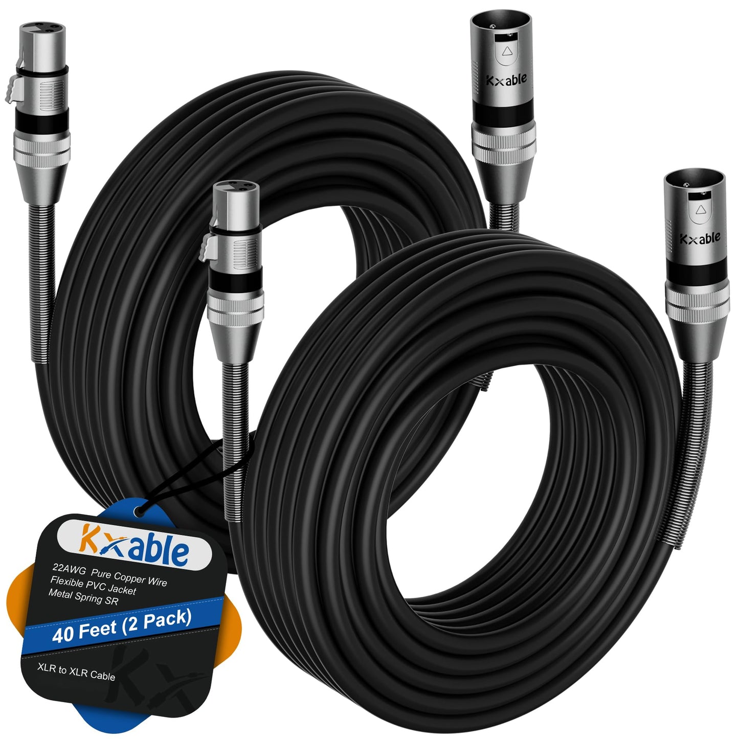 XLR Microphone Cables (40FT, 2-Pack), XLR Male to Female Balanced Mic Cable, 3-Pin Shielded Speaker Cord, Zinc Alloy Connectors, Premium 22AWG Pure Copper, Metal Spring SR, Recording Studio, Podcast
