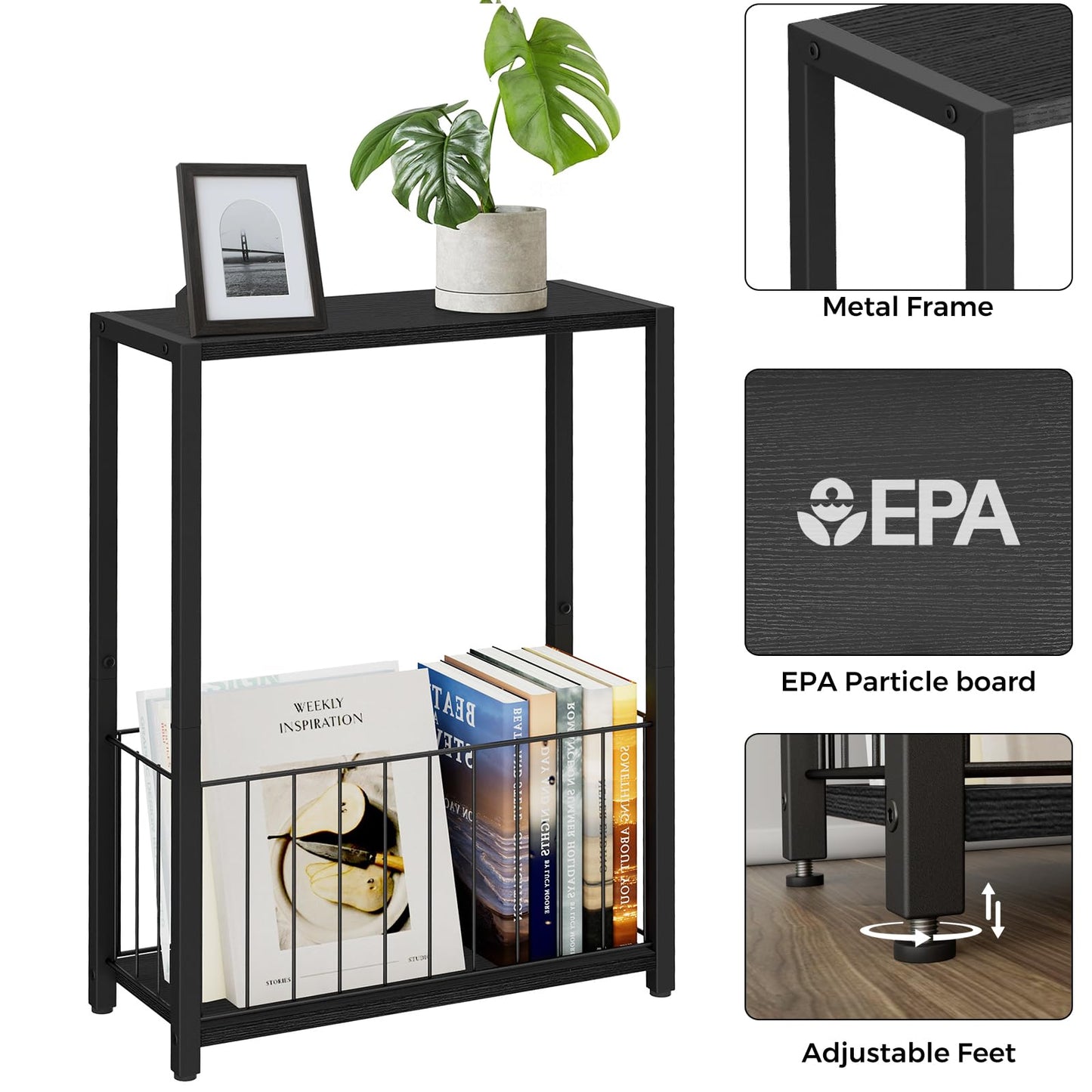 Homleke Narrow Side Table with Magazine Holder, Skinny End Table Perfect for Small Spaces, Space-Saving Design for Living Room, Bedroom, or Office, 18 x 43 x 60 cm, Black