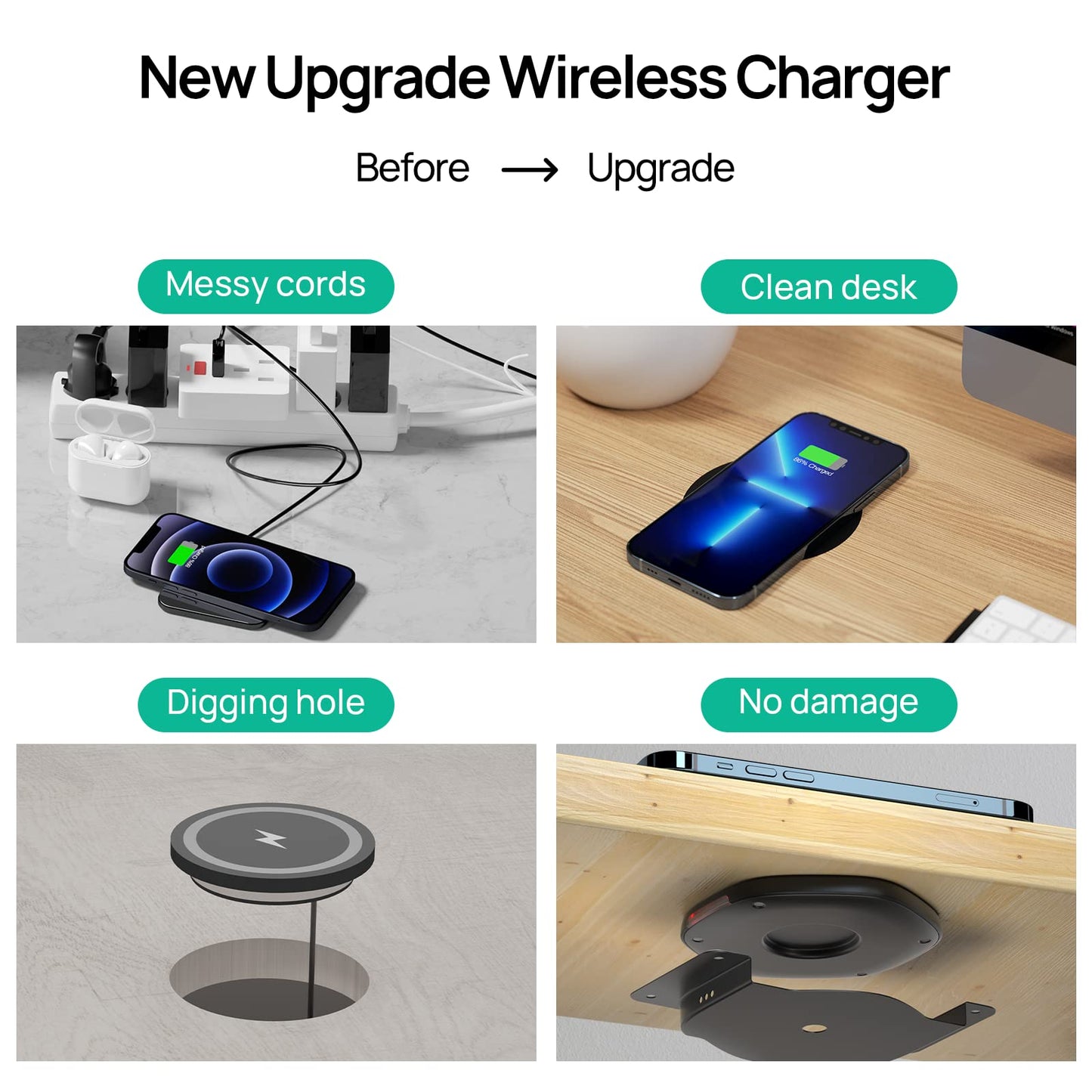 KPON 30mm Invisible Wireless Charger, Hidden Under Desk Wireless Phone Charger, Furniture Table Nightstand Desktop Charging Station for iPhone16/15/14/13/12/11/Other Wireless Phones(with QC Adapter)