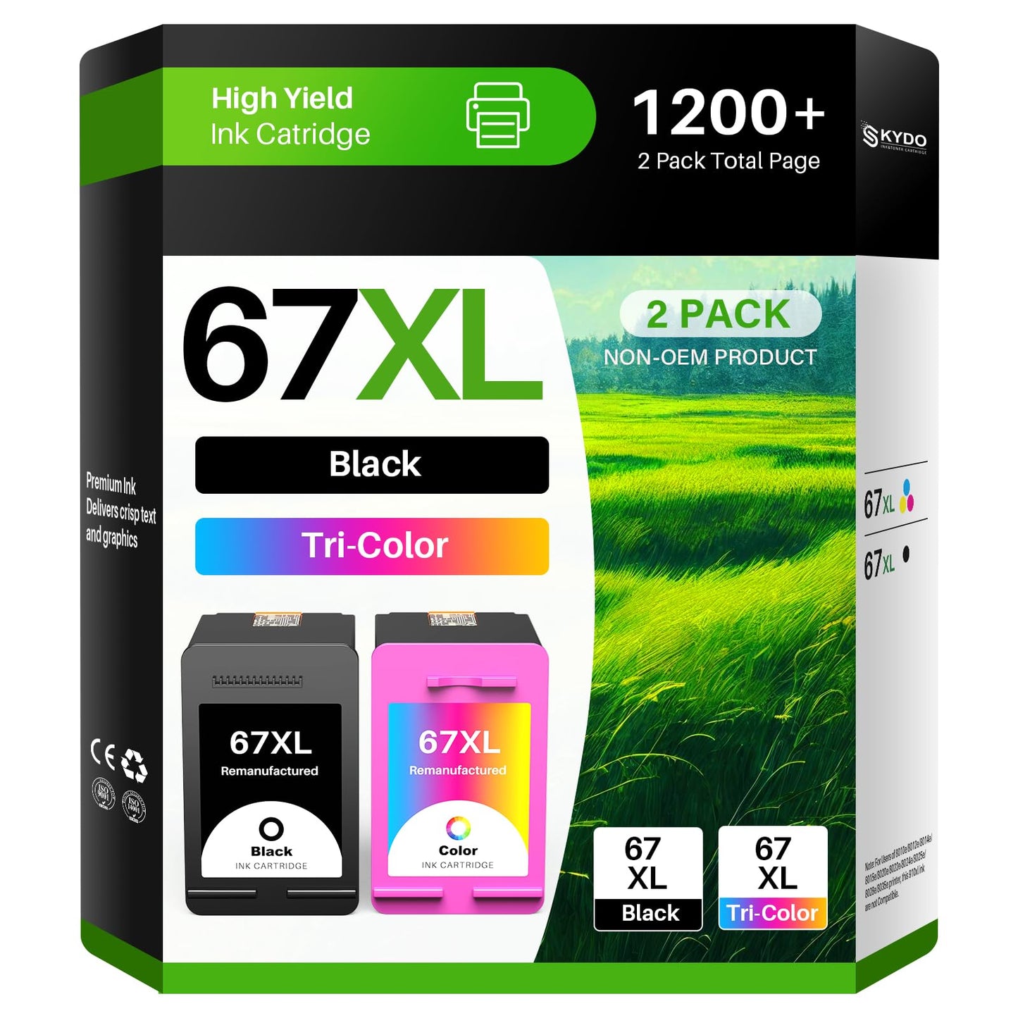 [2-Pack] 67XL Ink Cartridge Combo Pack Black Color Compatible Replacement for HP 67 XL 67XXL Use with Deskjet 2755e 2700 4155e 2855e Envy 6455e 6055e Printer (Black and Tri-Color)