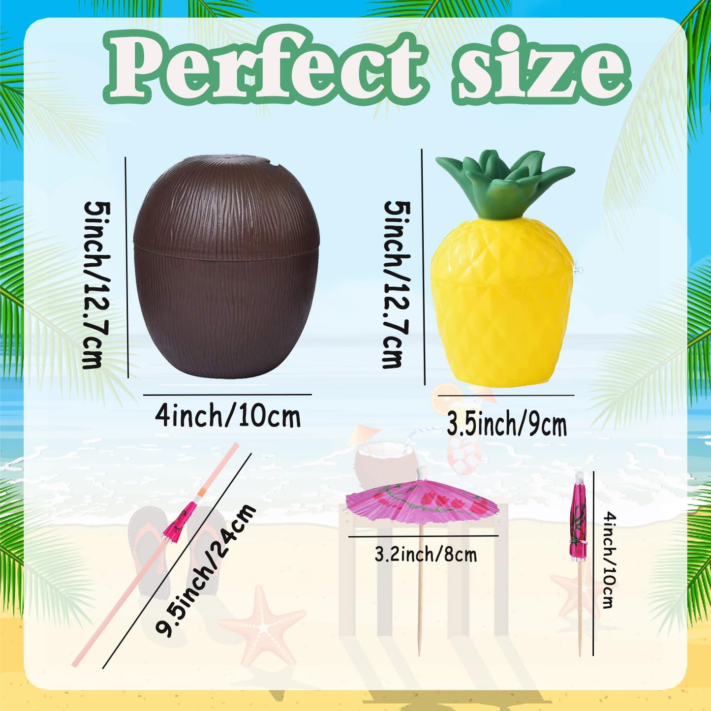 NINU 12 Pack Coconut Pineapple Cups with 12 Umbrella Straws and 12 Umbrella Cocktail Drinking Picks, Hawaiian Luau Tiki and Beach Theme Party Decorations for Kids/Adults