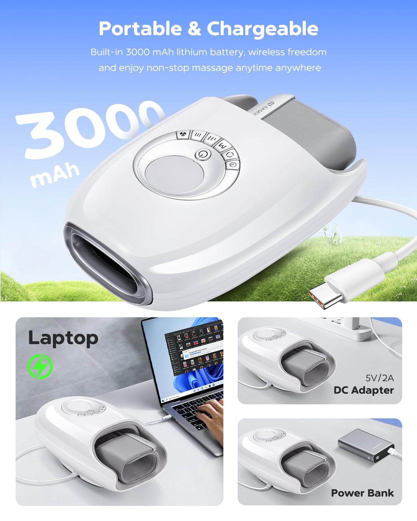 Cordless Hand Massager with Heat & Fan Cooling, 3D Kneading for Hands, Rechargeable Gifts for Women Men - Relieve Tension After Work/Typing