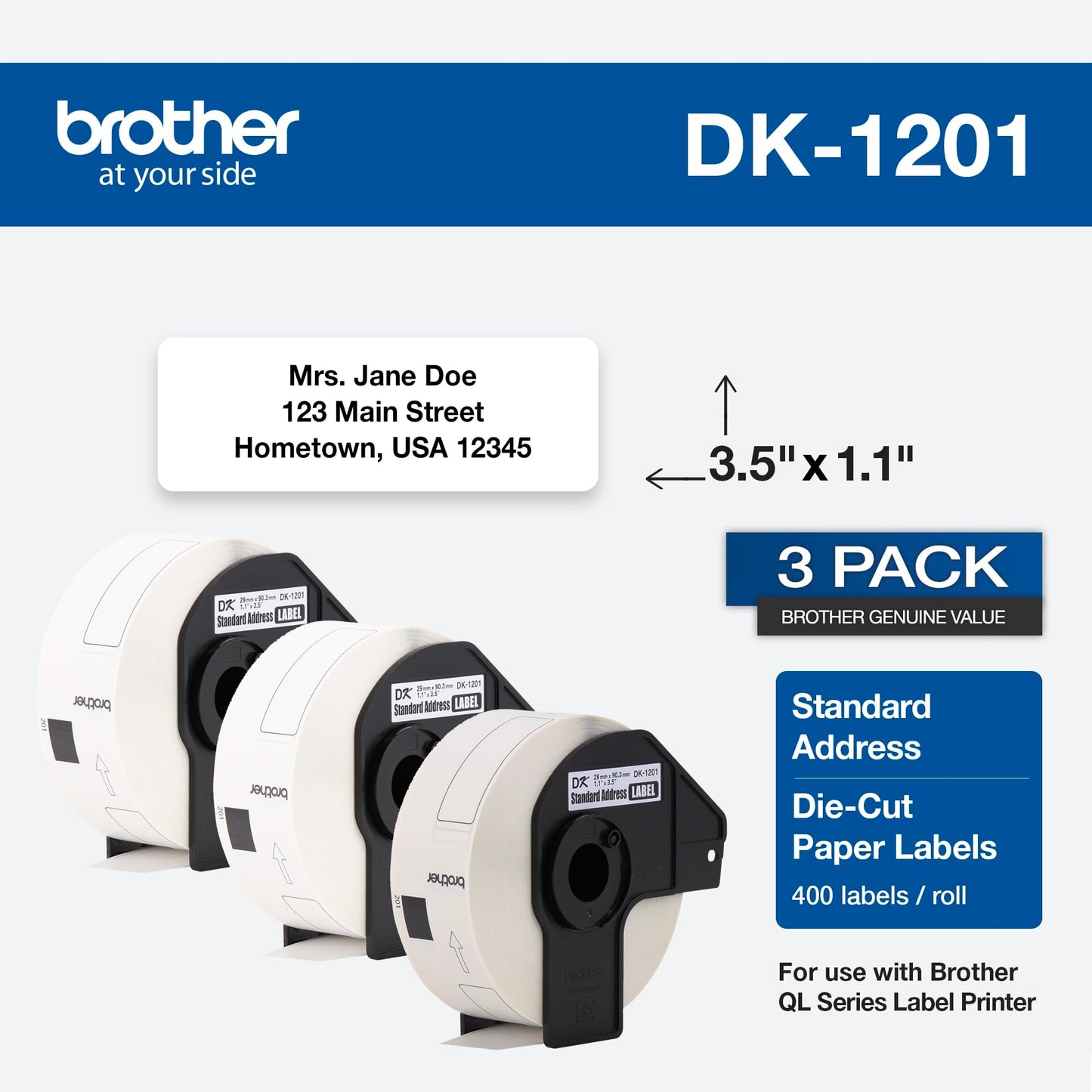 Brother Genuine DK-1201 Die-Cut Standard Address Labels Long Lasting Reliability, Die-Cut Standard Address Paper Labels, 1.14” x 3.5” Individual Label Size, 400 Labels per Roll, (3) Rolls per Box