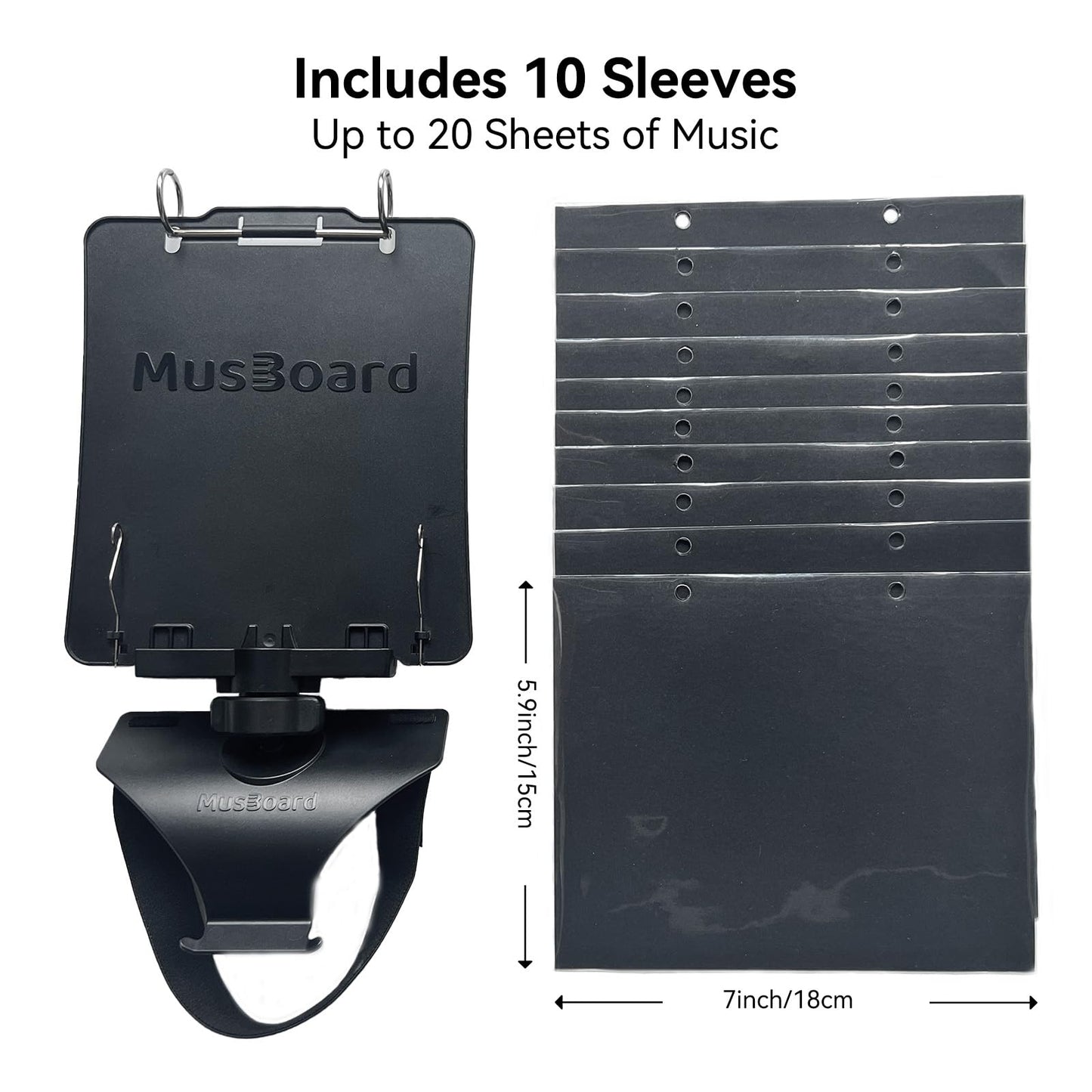 MusBoard Flute Lyre MB-FP10 v2, Adjustable Marching Band Lyre for Flute and Piccolo with Flip Folder, Includes 10 Pieces Double-Sided Folio Pages (Reinforced Version)
