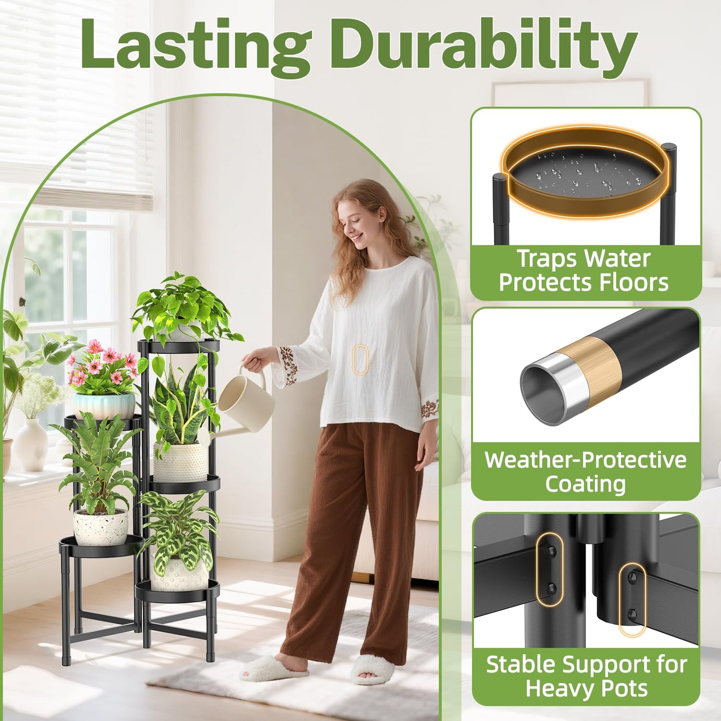 5 Tier Metal Plant Stand for Indoor Outdoor, iDavosic.ly Foldable Corner Tall Plant Shelf for Multiple Plants, Rustproof Flower Pot Holder Display Stand for Living Room Balcony Garden Patio (Black)