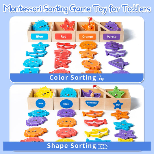 Montessori Toys for Toddlers,Wooden Magnetic Fishing Game Educational Shape & Color Sorting for Kid 3-5,Boy Girl Preschool Learning Motor Skill Matching Activities Toys for Ages 3-4(Box)