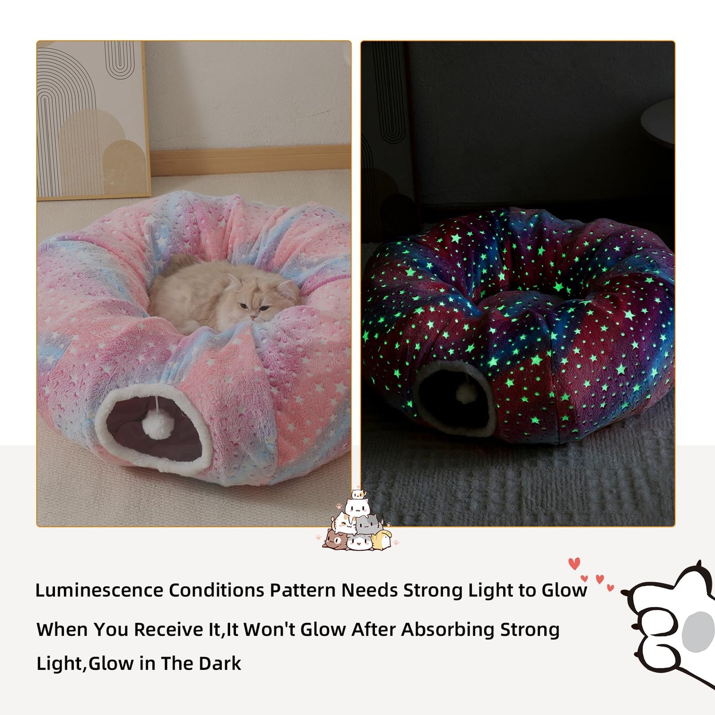 AMYLALA Large Cat Tunnels Bed Tube for Indoor Cats Glows in The Dark Cat Tunnel with Cushion and Plush Ball Toy Longer Playground Toys for Dog Puppy Kitten Rabbit Bunnies Ferret Pet Rainbow