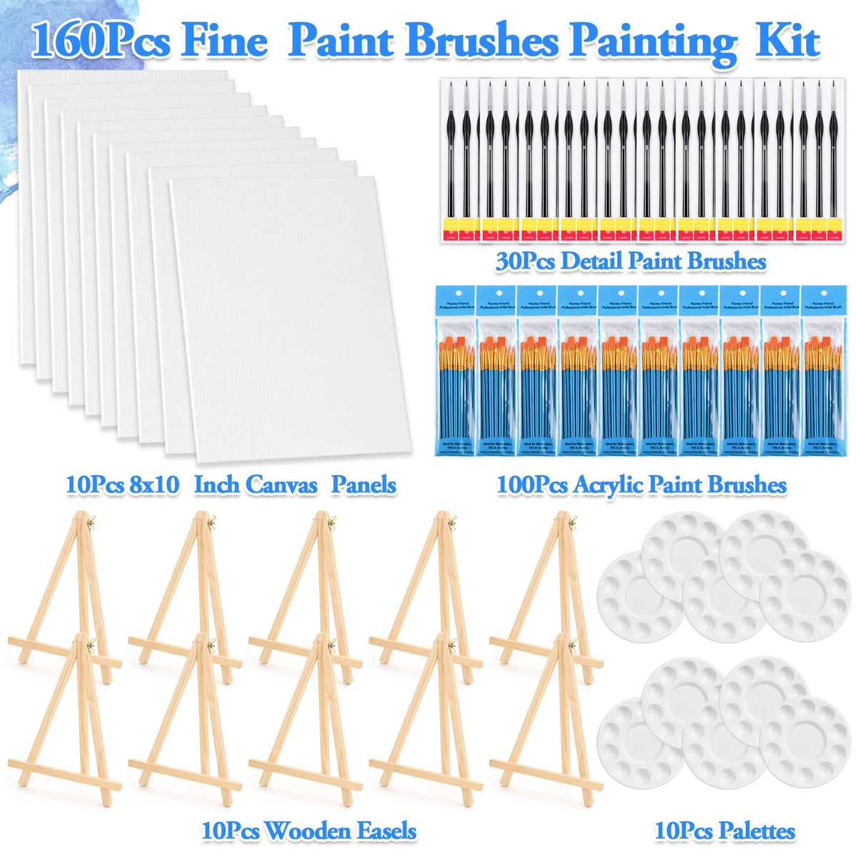 160 Pack 8x10 in Canvas Boards for Painting, Canvas for Painting with Wooden Easel, Detail Paint Brushes Art Canvas Easel Painting Kit with Brushes Set Palettes