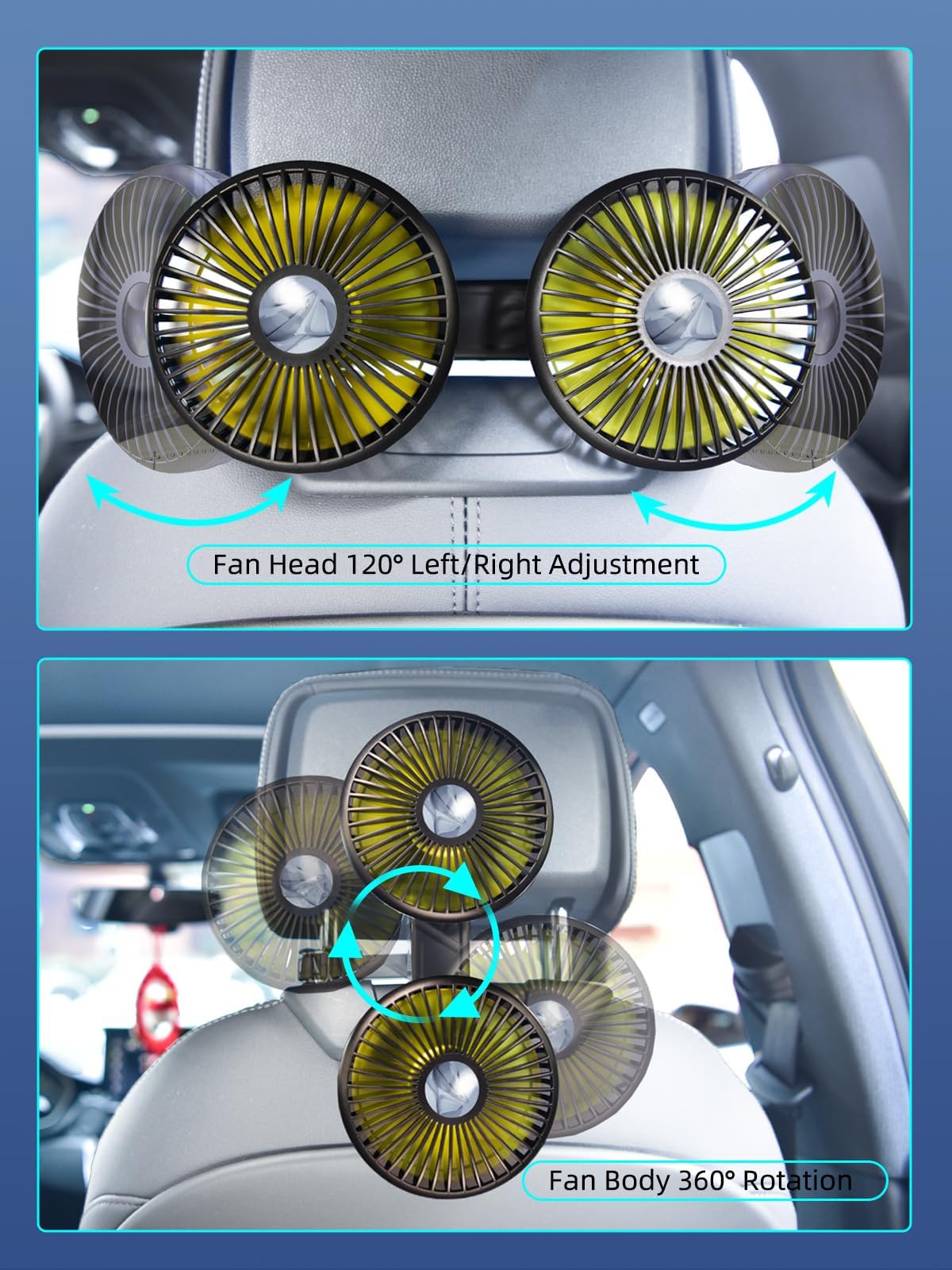 NIFBANG Dual Head Car Fan for Backseat,Battery Powered Rechargeable Car Back Seat Fans for Kids Baby Dog,360° Rotatable 3 Speeds Rear Headrest Cooling Fans,Cooler Fan That Blow Cold Air for Suv Truck
