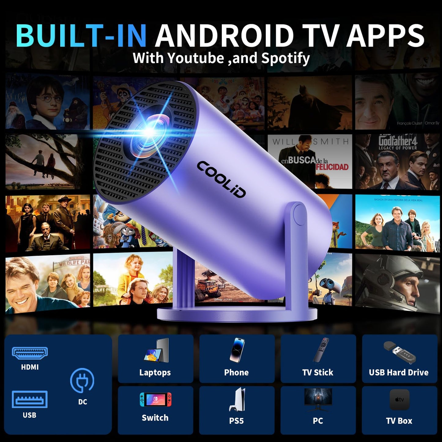 [Built-in Apps & 2026 Upgraded] Mini Projector Support 4K 1080P Auto Keystone 180° Rotatable with WiFi 6 and Bluetooth 5.4, Projector Portable Compatibile with HDMI/TV Stick/Memory Stick/Laptop-Purple