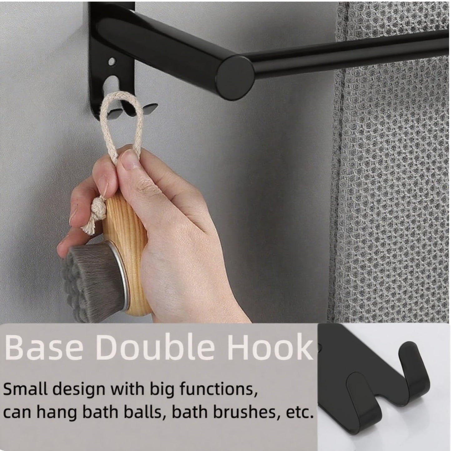 SUS304 Three Bar Adjustable Towel Rack, Expandable Range:16.5 Inches to 29.9 Inches, Bathroom Towel Holder with Double Hooks,Two Installation Methods:Drillinstallation and No-drill Installation(Black)