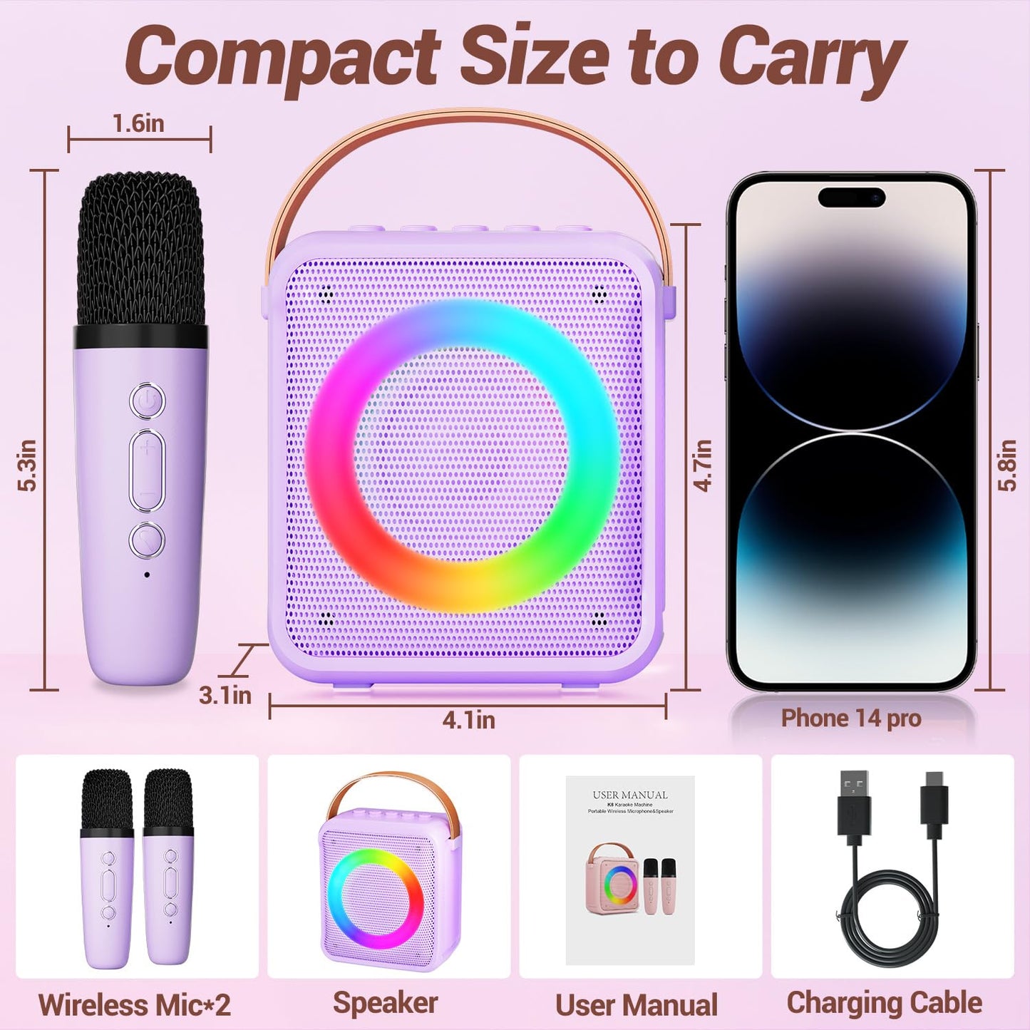 Ankuka Karaoke Player,Karaoke Microphone Machine for Kids, Portable Speaker with 2 Wireless Microphone Karaoke Player for All Smartphones,Family,Home Party,Birthday Gifts(Purple)