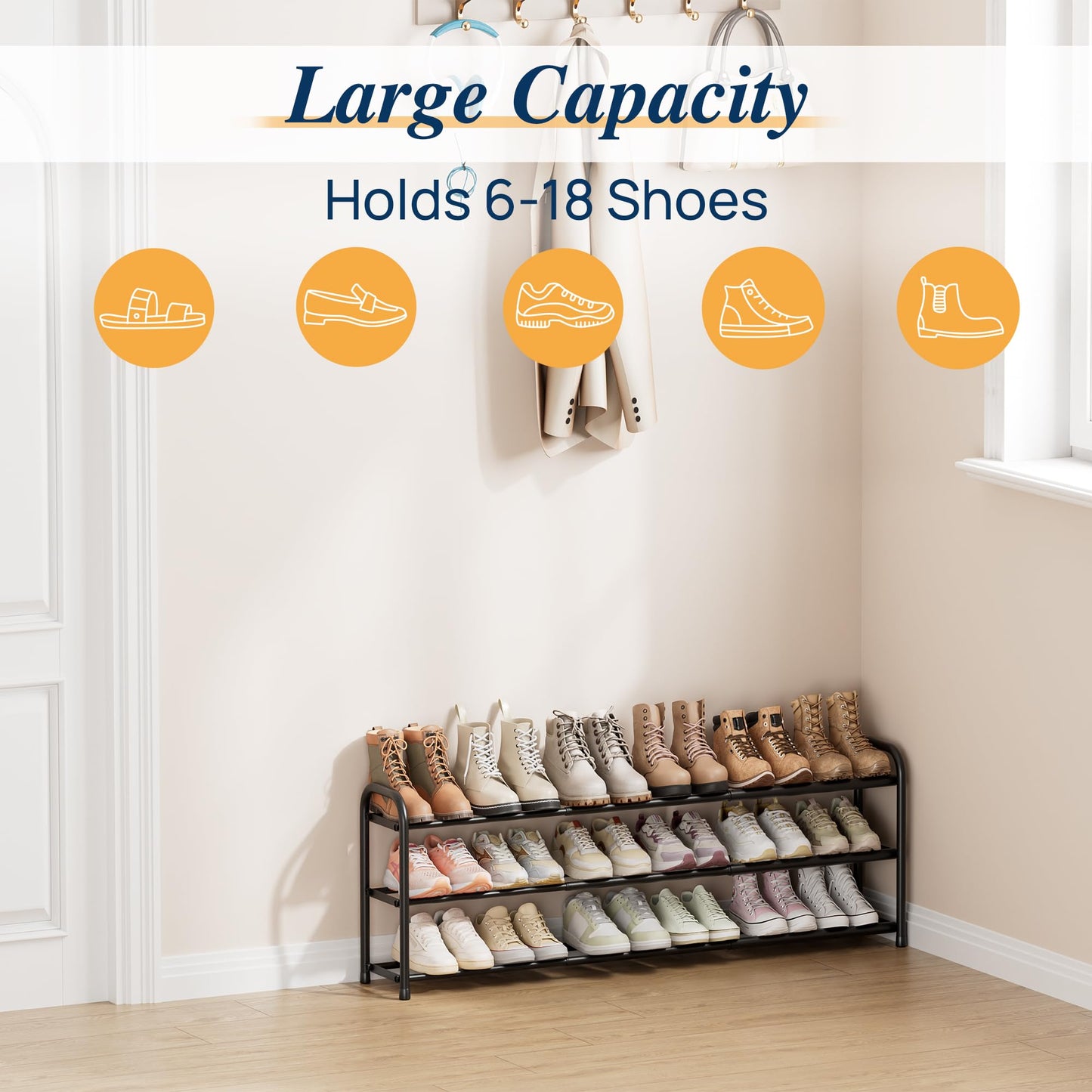 ENJOYBASICS Metal Shoe Racks for Closet, 3-Tier Adjustable Expandable Long Shoe Organizer Shelf, 45 to 118 cm，for 6-18 Pairs, Free Standing Rack Storage for Entryway