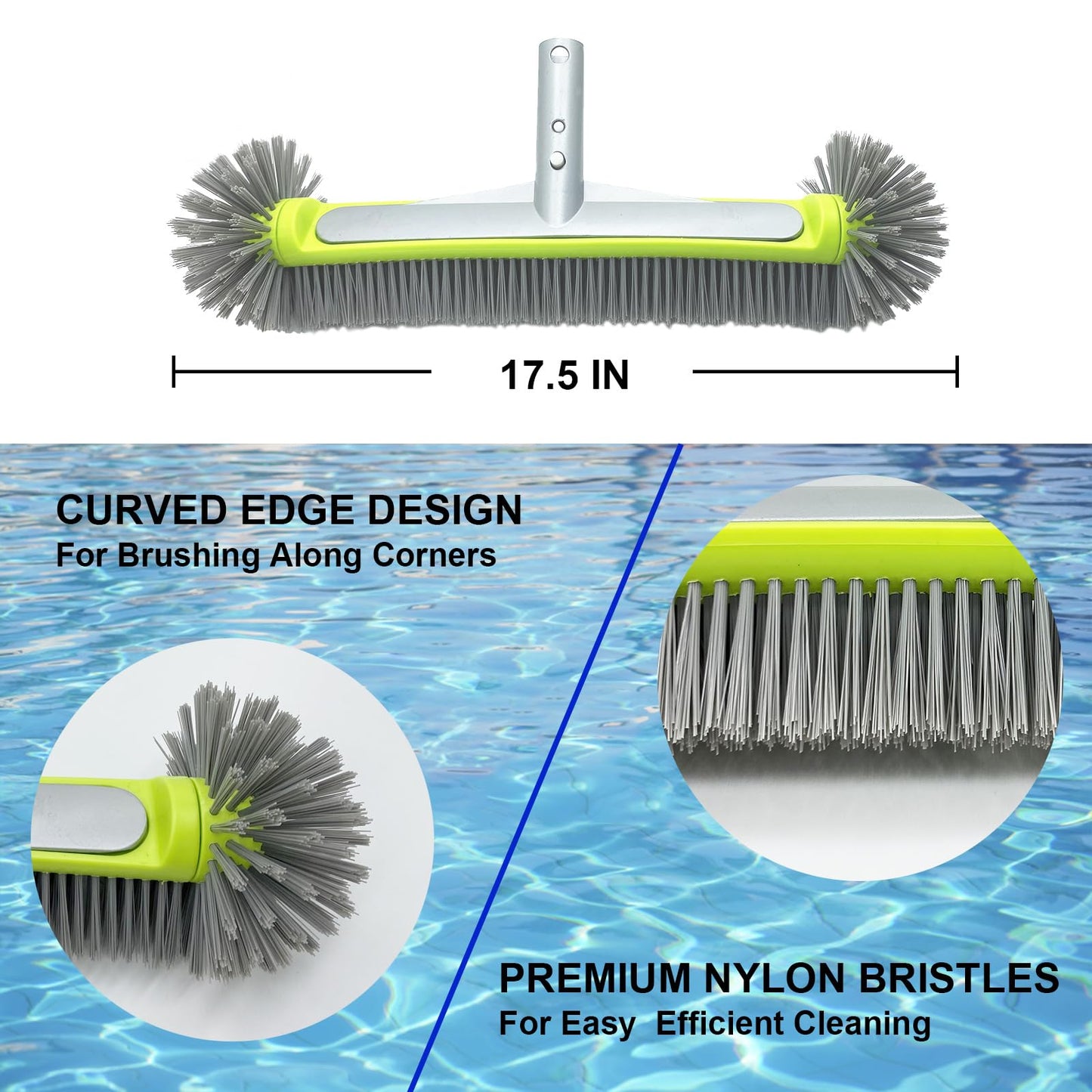 Pool Brush with Round-End Brush Head, 7 Rows 17.5-inch Pool Brush Head for Inground Pool/Above Ground Pool(Green)