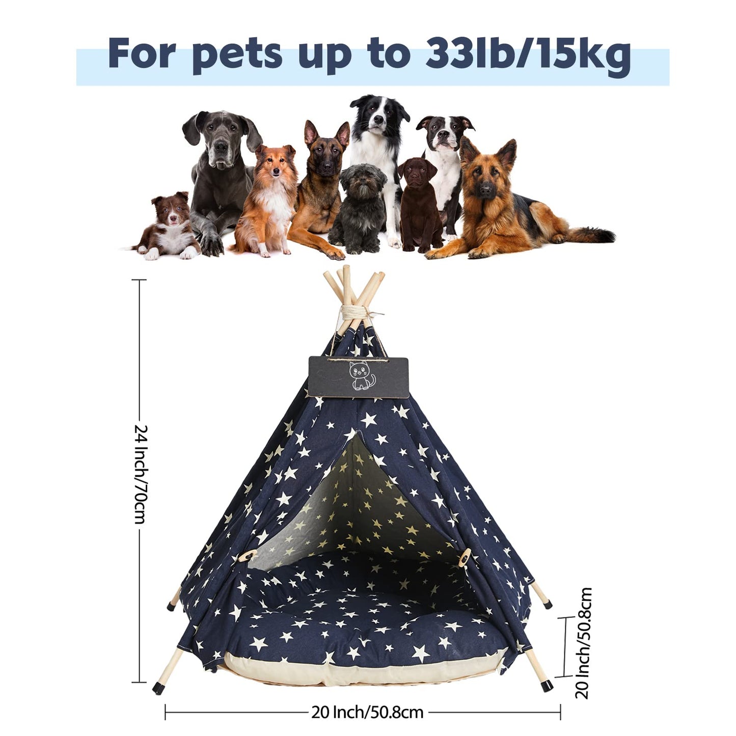 Pet Teepee Dog & Cat Bed with Cushion &Blackboard Dog Tents Pet Houses (Blue)