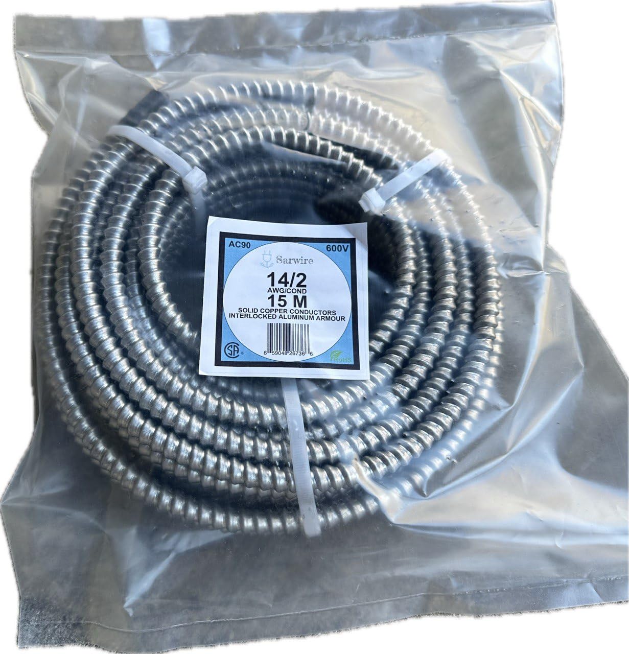 Sarwire 14/2 Armoured Cable, 15.24 m, 50ft, 600V AC90, Solid Copper Conductors, Interlocked Aluminium Armour