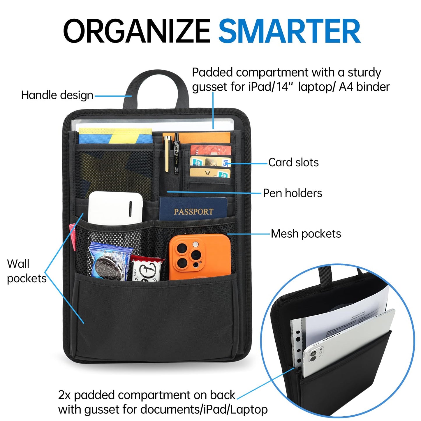 Slim Rugged Backpack Organizer Insert for Business Casual Men Women -13 Pockets,Padded Nylon,Max 14'' laptop-Black