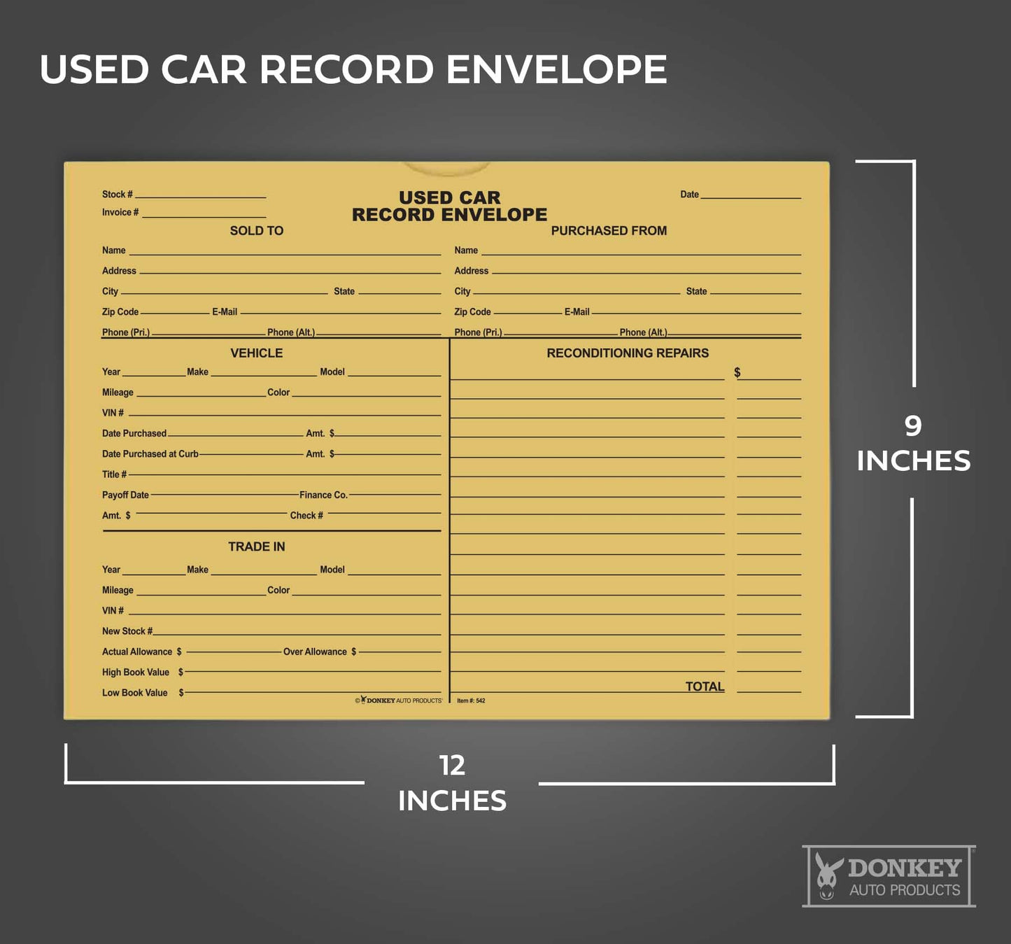 Used Car Record Envelopes - Deal Jackets for Used Vehicles (100 per pack) (Buff)