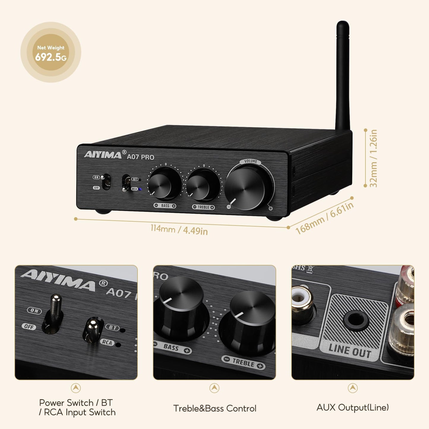 [Upgraded] AIYIMA A07 Pro TPA3255 Power Amplifier Bluetooth 5.2 300Wx2 HiFi Class D Stereo Digital Audio Amp 2.0 Sound Amplifier with Bass Treble Control& Line Output + Power Adapter