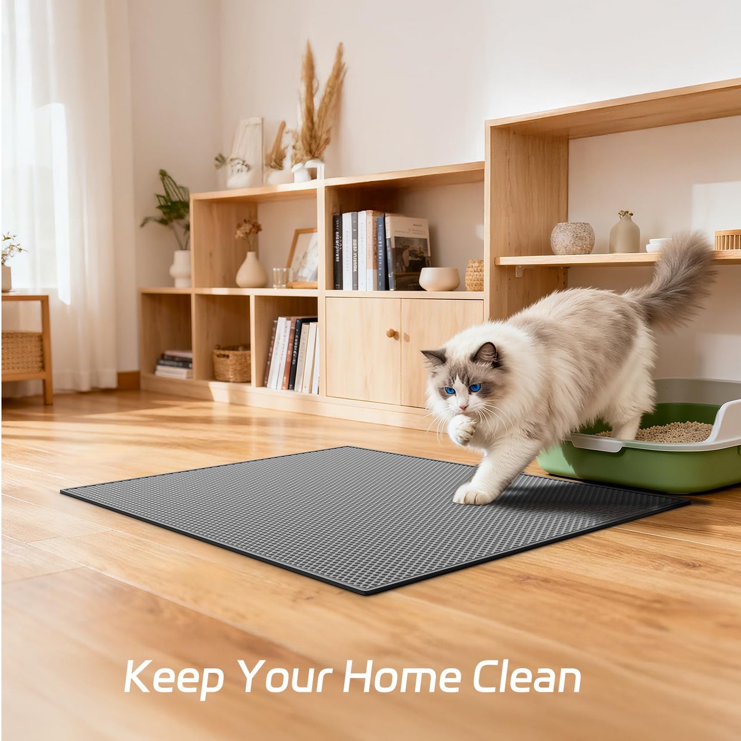 Garoopion Cat Litter Mat, 90 x76 cm Cat Litter Box Mat, EVA Waterproof Trapper, Honeycomb Double Layer Catcher, Easy to Clean, Gray, 1 Side Connected