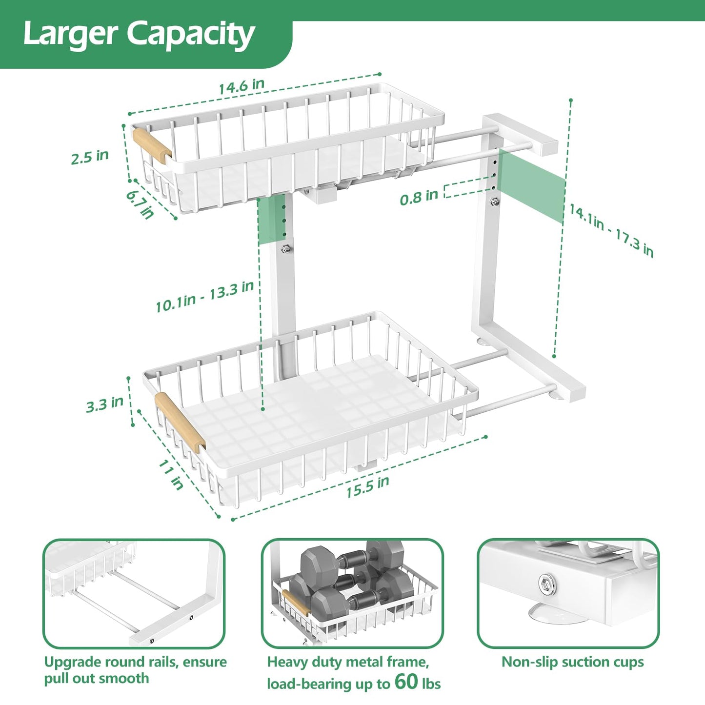 ADRIMER Under Sink Organizer, Pull Out Kitchen Organizers and Storage, 2 Tier Slide Out Bathroom Cabinet Organizers and Storage Height Adjustable Durable Metal, White