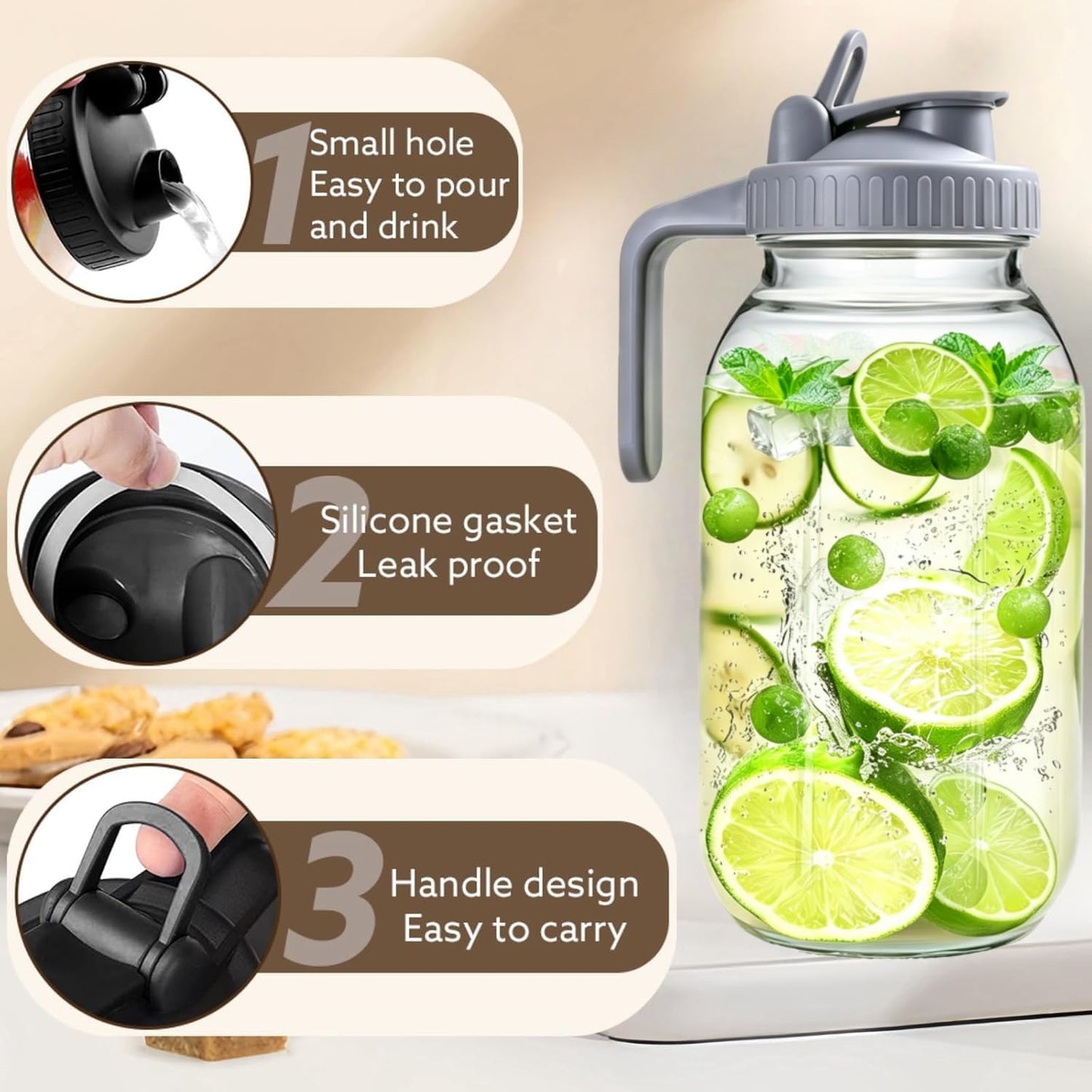 2 Pack 64 oz Glass Pitcher With Lid, Mason Jar Pitcher, Glass Sun Tea Jar for Ice Tea, 2 Quart Breast Milk Jug with Flip Cap Leak Proof, Cold Brew Coffee (2 PCS-64 oz)
