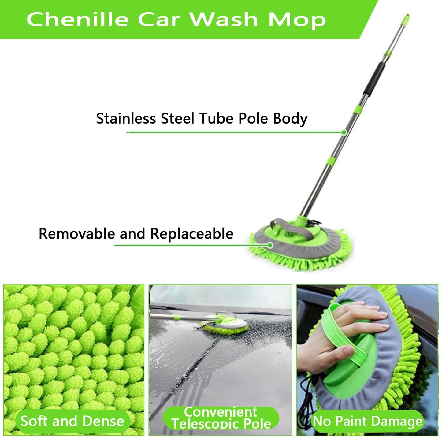Meetchen Car Cleaning Kit 158cm 62" Car Wash Brush Mop Kit with Long Handle and Car Detailing Kit for Cars, Trucks, SUVs, RVs, Caravans and Household Use