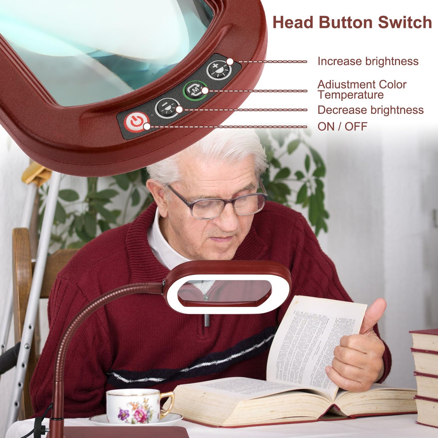 10X Rectangle Magnifying Glass with Light and Stand, Real Glass 5 Color Modes Stepless Dimmable, Flexible Gooseneck LED Lighted Desk Lamp, Hands Free Magnifier for Reading Crafts Painting, Red