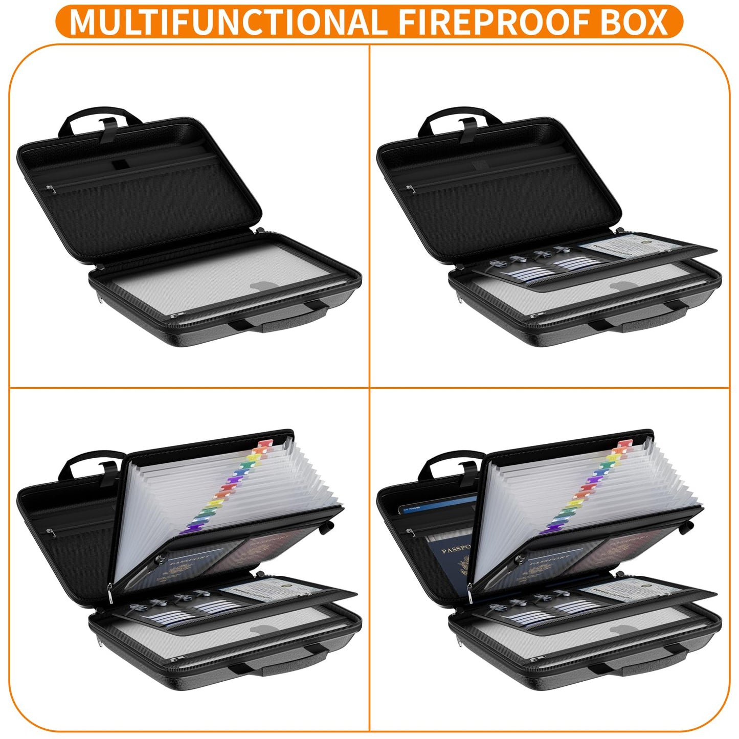 Fireproof File Organizer with Lock, Hard-Shell Case Fireproof Document Box with 13 Pockets Accordion File Folder, Important Document Organizer for Letter A4 Files Laptop Passports (Black)