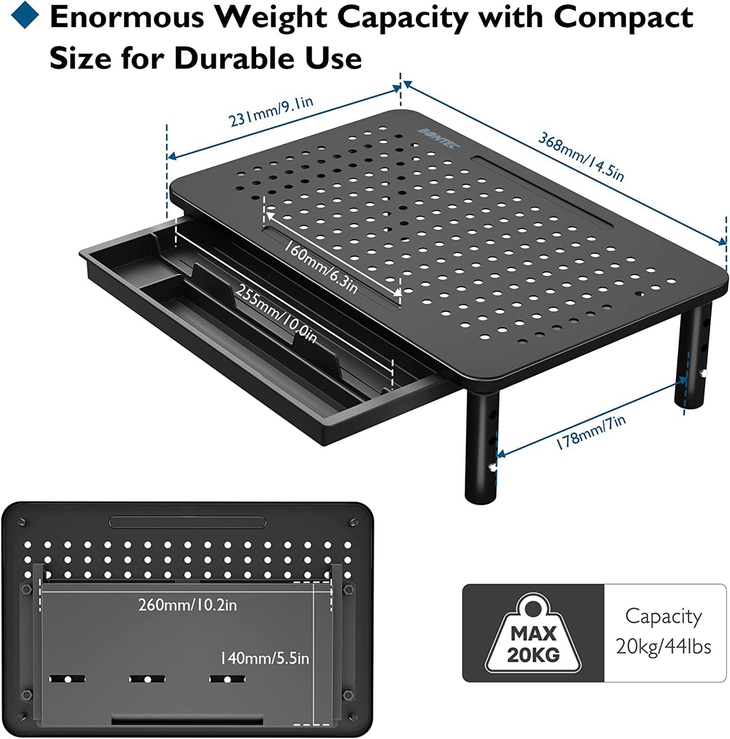 BONTEC 2 Pack Monitor Stand Riser, 3 Height Adjustable Monitor Stand for Desk, Computer Monitor Riser Stand with Mesh Platform for Laptop, Computer, iMac, PC (Black, 2 Pack with Storage)