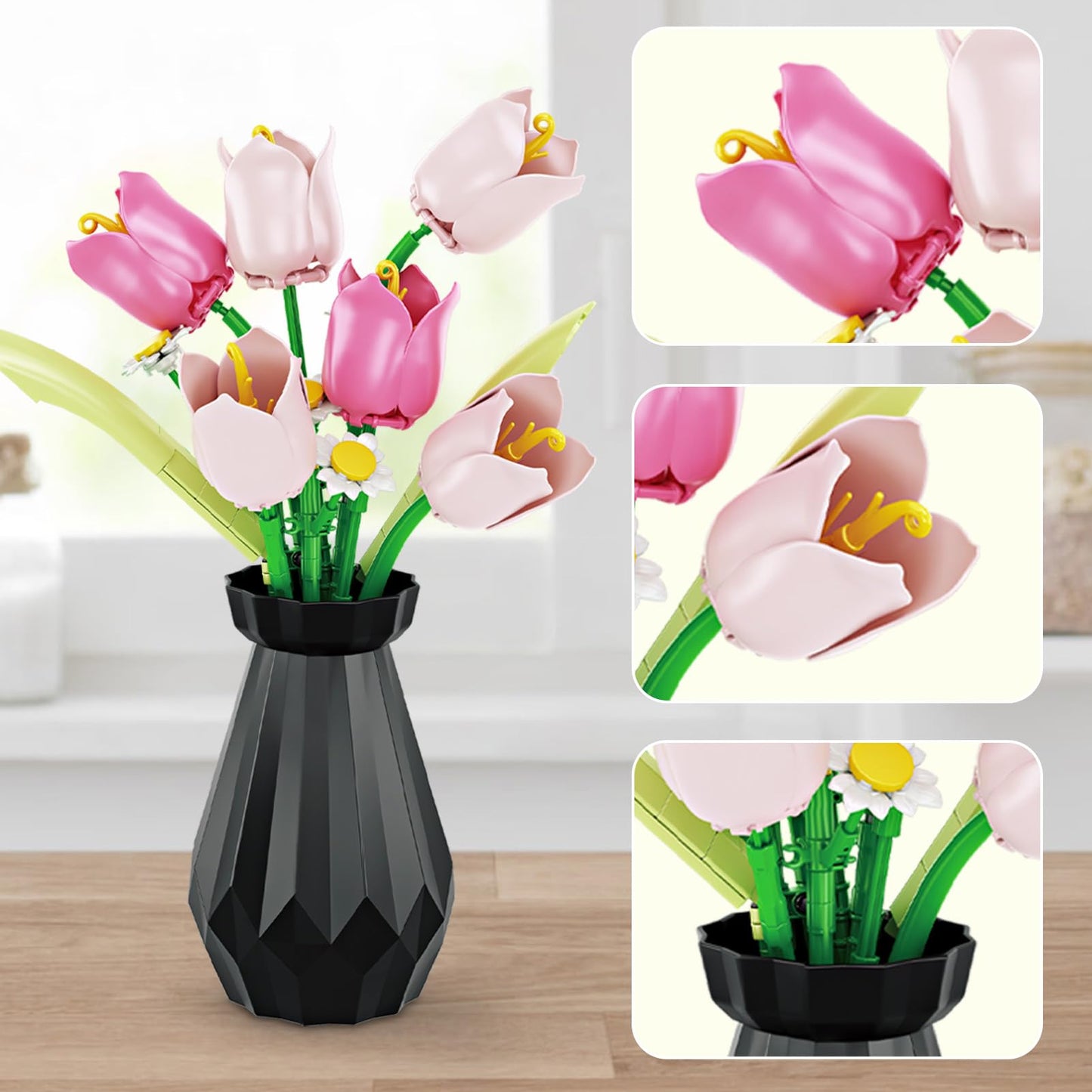Flower Bouquet Building Sets, Tulips Botanical Collection, DIY Artificial Flower with vase for Adults Women Girl Kids, Pink Chrismas Home Decor Gifts for Mother's Day, Birthday, Easter(223 pcs)