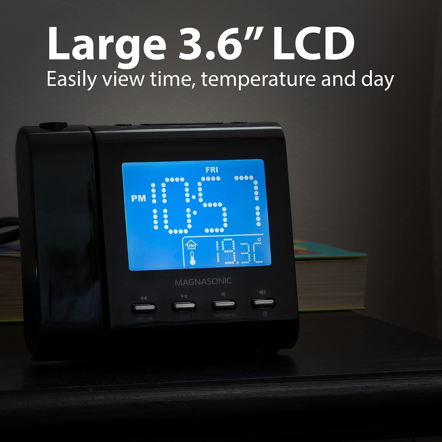 Magnasonic Projection Alarm Clock with AM/FM Radio, Battery Backup, Auto Time Set, Dual Alarm, Nap/Sleep Timer, Indoor Temperature/Date Display with Dimming & 3.5mm Audio Input - Black (EAAC601)