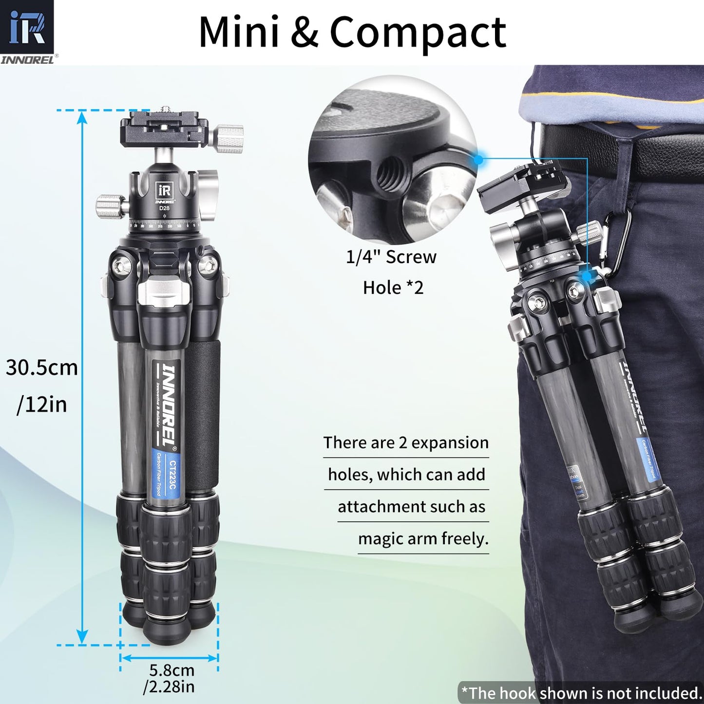 INNOREL 10-Layer Carbon Fiber Mini Tripod CT223C with 28mm Low Profile Ballhead & Center Column, Black, Tabletop Camera & Smartphone Tripod, Compact Portable, Max Load 22lb/10kg