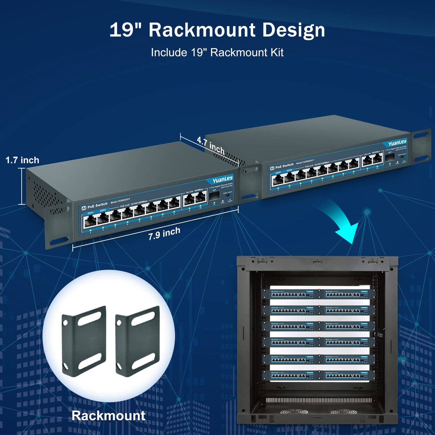 YuanLey 11 Port Gigabit PoE Switch, 8 PoE+ Port 1000Mbps, 2 Gigabit Uplink, 1 SFP Port, 120W 802.3af/at, Metal, Qos, Unmanaged Plug and Play AI Smart Detection Ethernet Switch