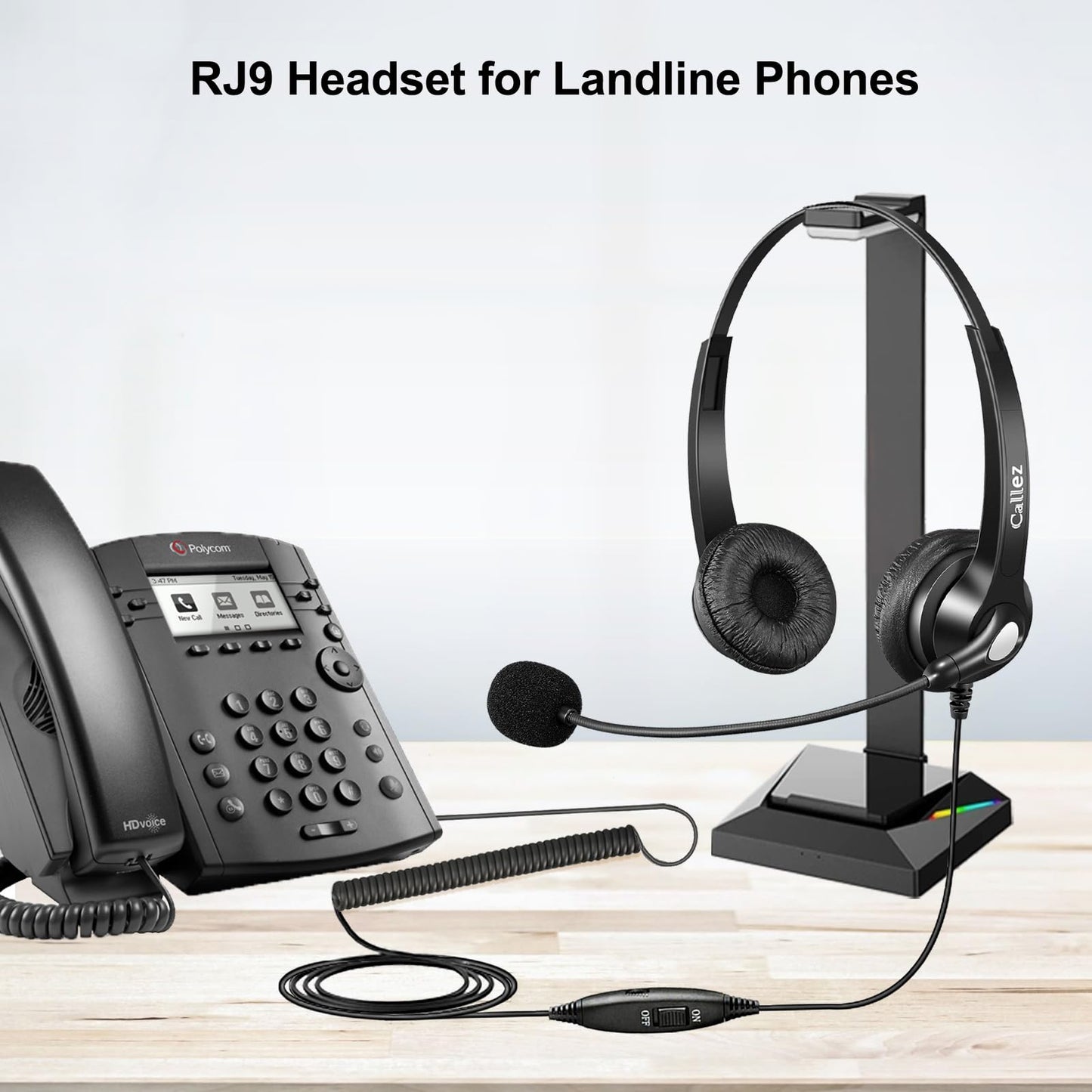 Callez RJ9 Telephone Headset Dual for Polycom Phone with Noise Cancelling Mic & Corded Office Phone Headset Compatible Polycom Avaya Plantronics ShoreTel Toshiba Digium Nortel Landline Phones