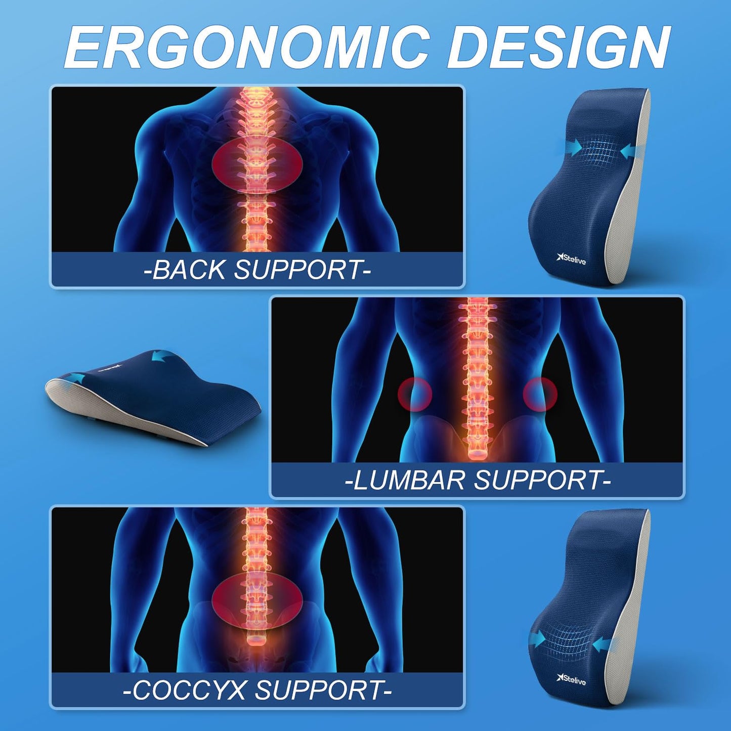 Stelive Ergonomic Lumbar Support Cushion, Orthopedic Memory Foam Back Support Pillow with Breathable Cover & Adjustable Straps for Back Pain Relief & Posture Support in Office, Car, Gaming Chairs
