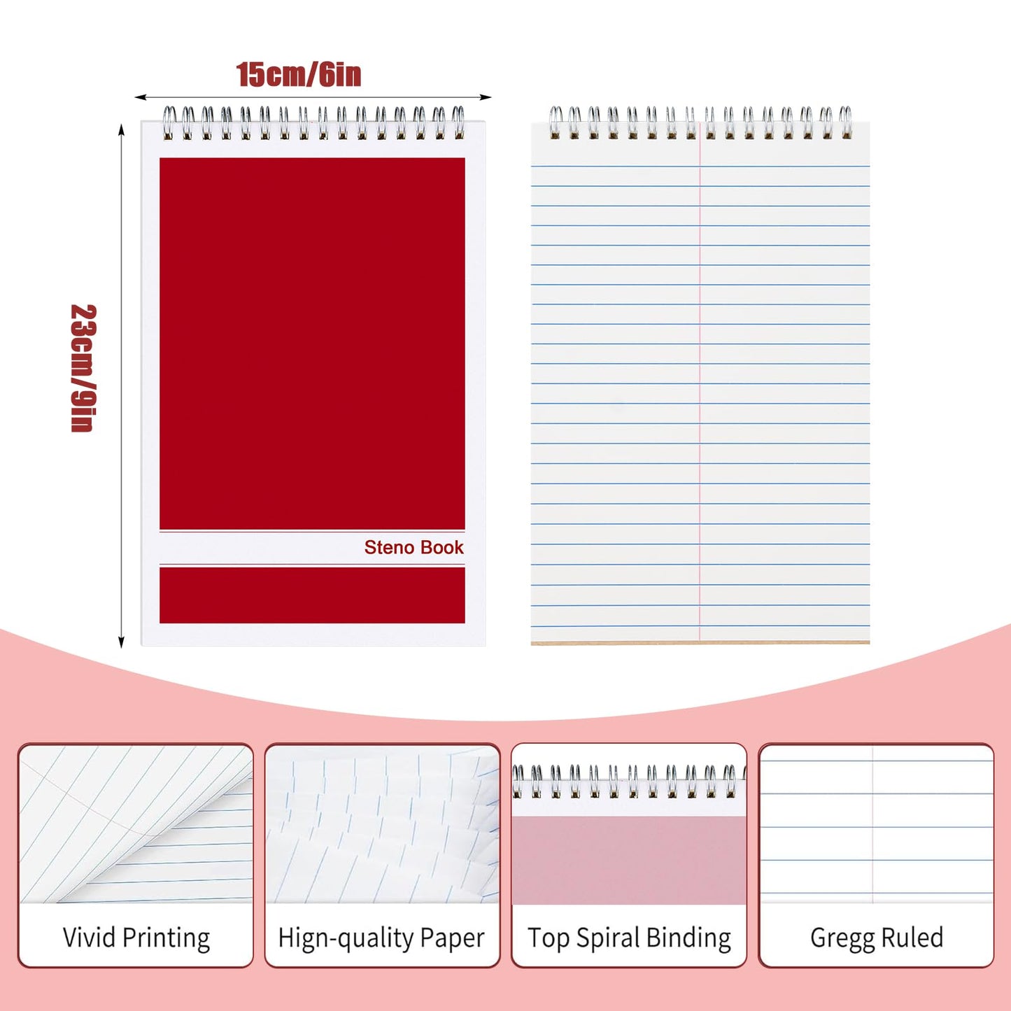 15 Pack Top Spiral Steno Pads, 6 x 9 inch Spiral Notebook Note Pads, White Paper Gregg Rule Bulk Steno Pads with 80 Sheets for School, University, College, Work, Office (5 Colors)