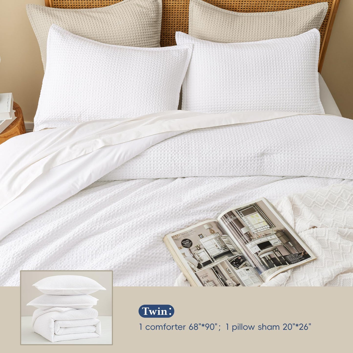 David's Home Waffle Weave Comforter Set 2PCS Twin Size, Soft Breathable Lightweight Cozy Skin-Friendly Warm for All Season, Elegant Aesthetic Home Decor Bedding Set with Pillow Shams, White