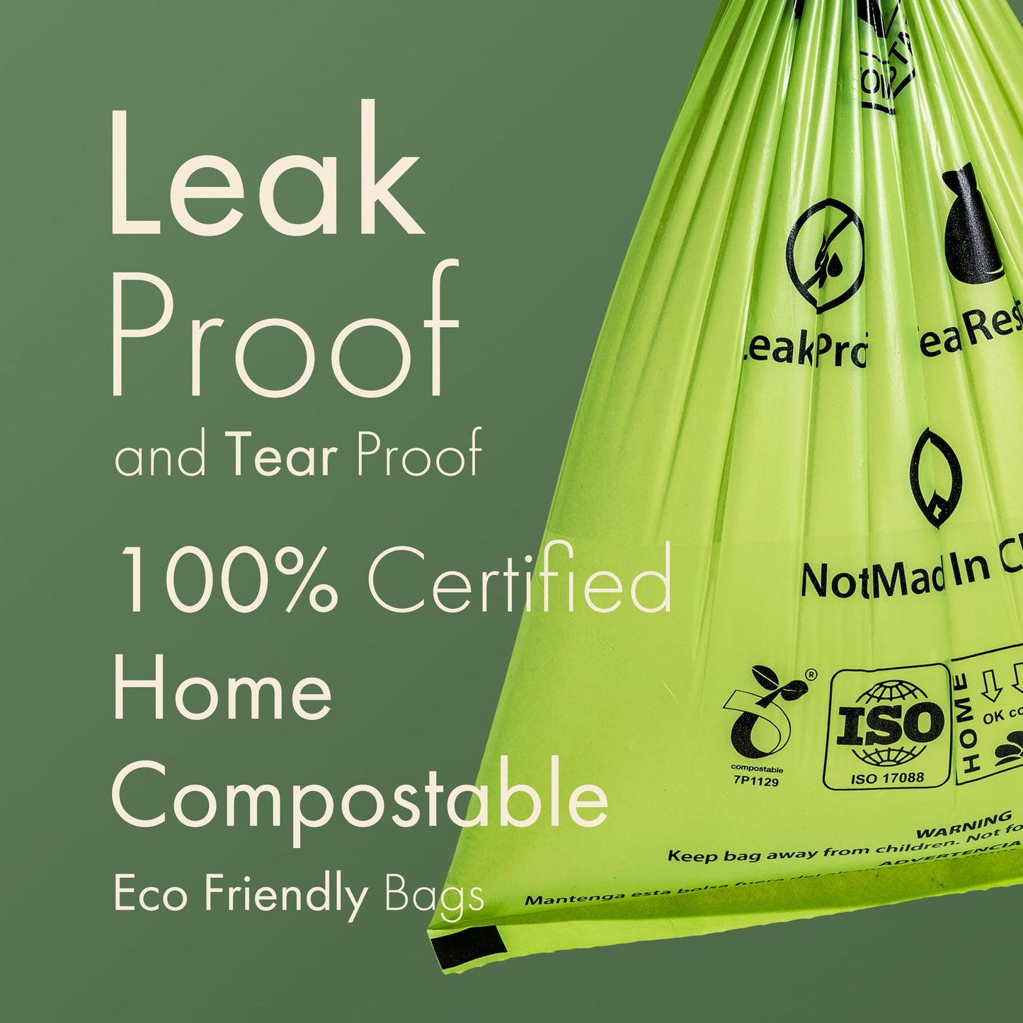 Carrywell (Not Made In China) 100% Certified Compostable Dog Poop Bags, Plant Based Dog Poop Bags, Corn Starch and PBAT, EN 13432 and TUV Austria certified, 300 Unscented Bags (15 Rolls), Green