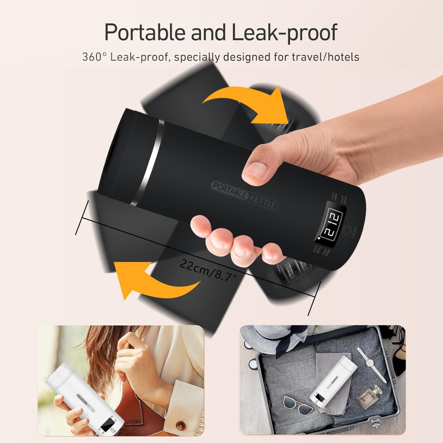 Travel Kettle Portable Electric Tea Coffee Kettle for Hotel,400ml Personal Hot Water Boiler 304 Stainless Steel, Leak-proof, with Cup Brush (Black)