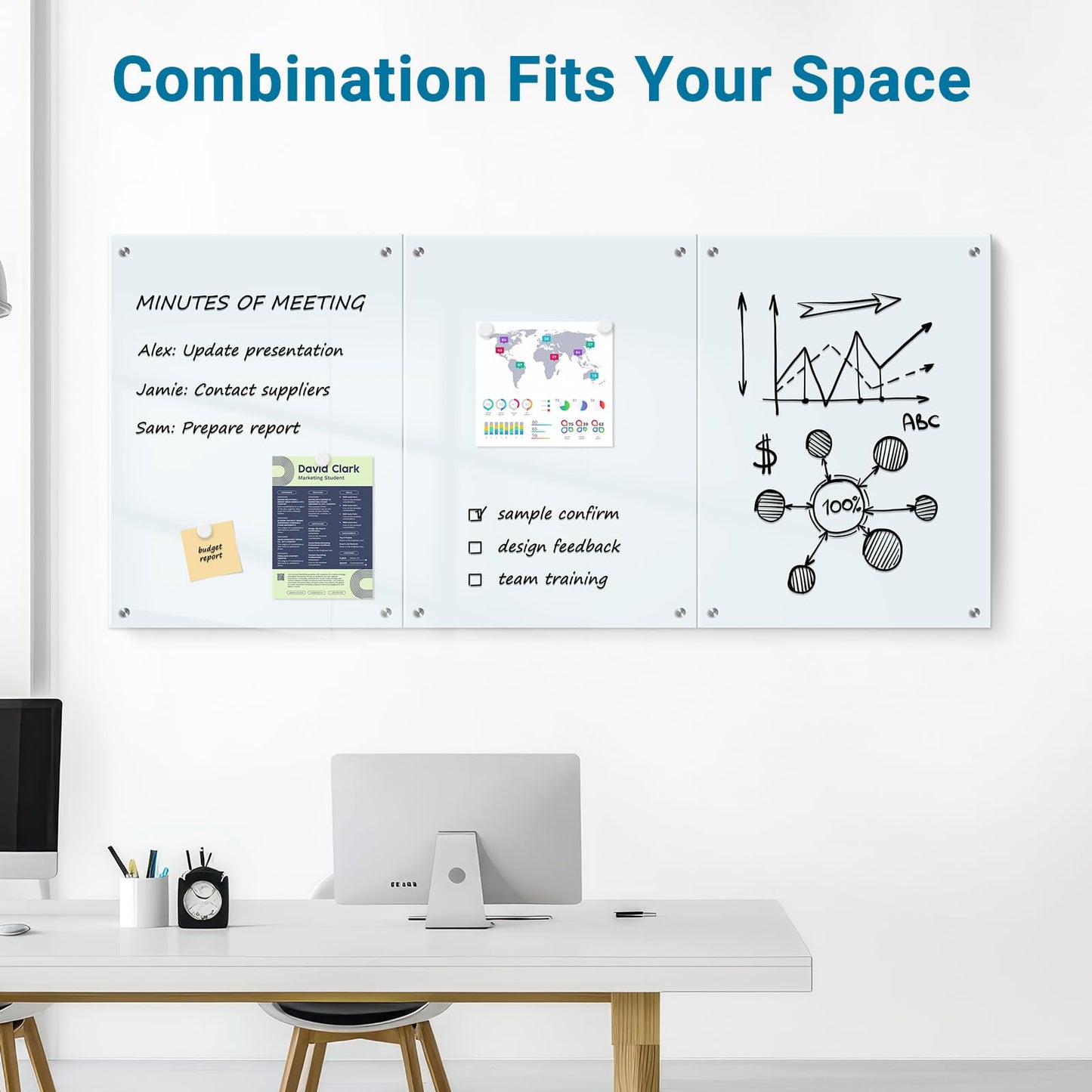 QUEENLINK Magnetic Glass Whiteboard, 24"X18" Dry Erase Board for Wall, Large Frameless Glass White Board with 1 Marker Tray and 6 Magnets for Office, Home, Classroom