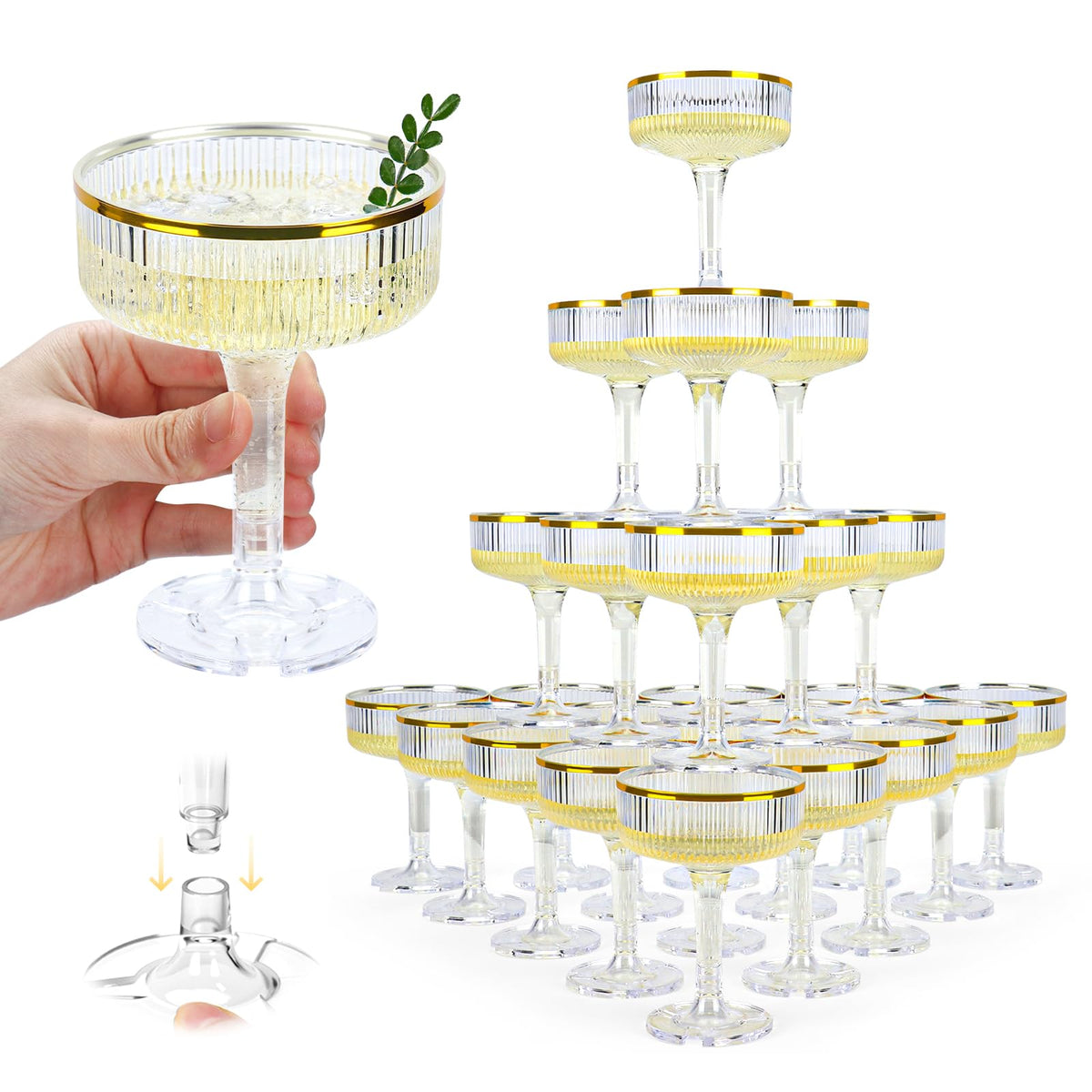 48 Pack Plastic Champagne Tower 5oz Clear Champagne Coupe Glasses Plastic Champagne Flutes with Gold Rim Disposable Martini Glasses Stackable Cocktail Glasses for Wedding Birthday Party Bar Supplies